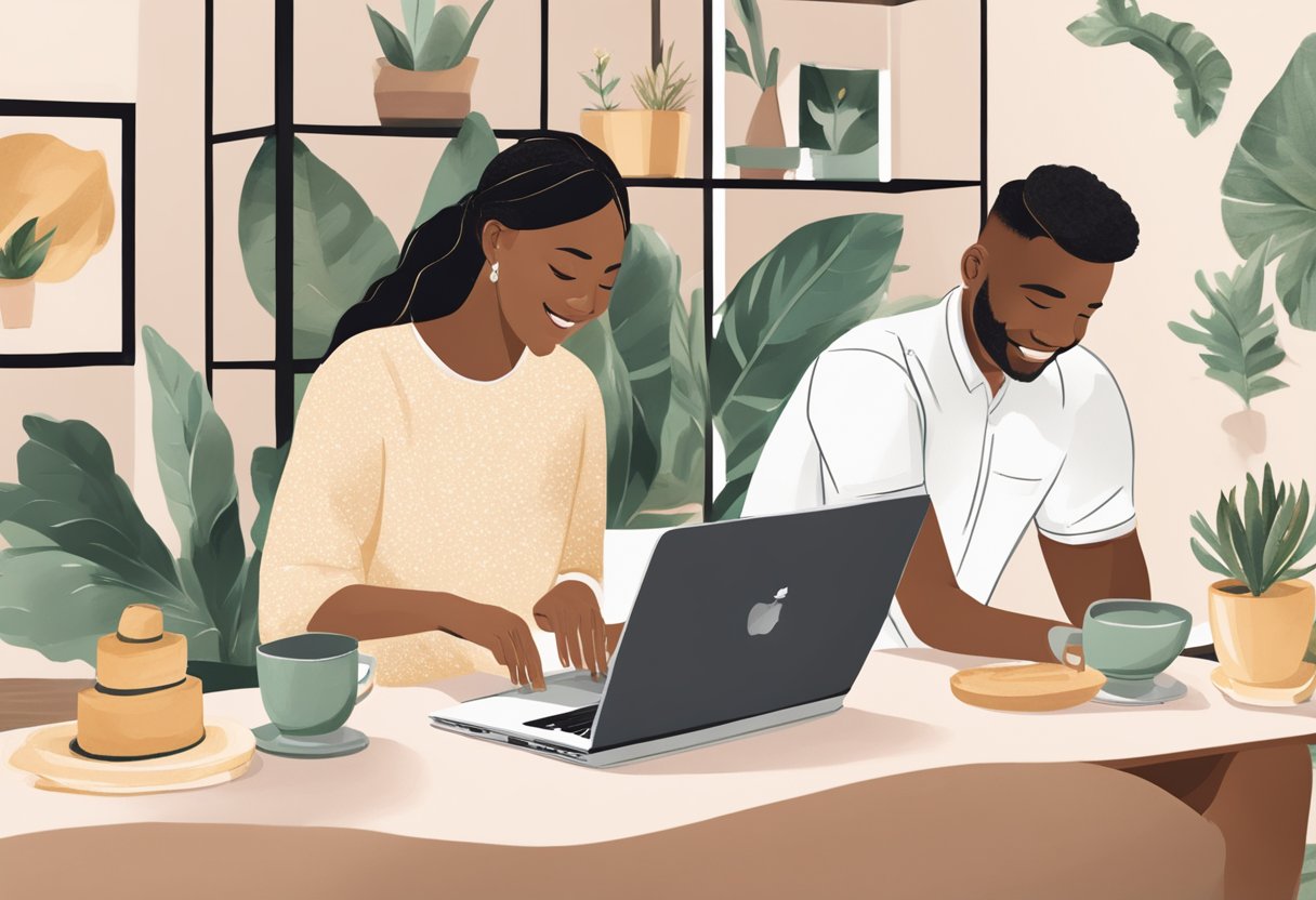 A couple customizing their wedding invitation template on a laptop using the Templett.com app