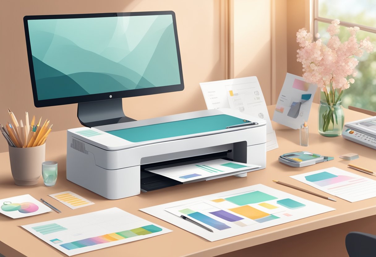 A table with a printer, paper, and various design tools. A computer displaying wedding stationery templates. Soft natural lighting