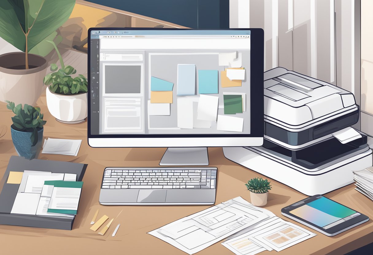 A cozy home office with a printer, paper, envelopes, and wedding stationery design samples spread out on a desk. A computer displaying design software and a stack of finished stationery nearby