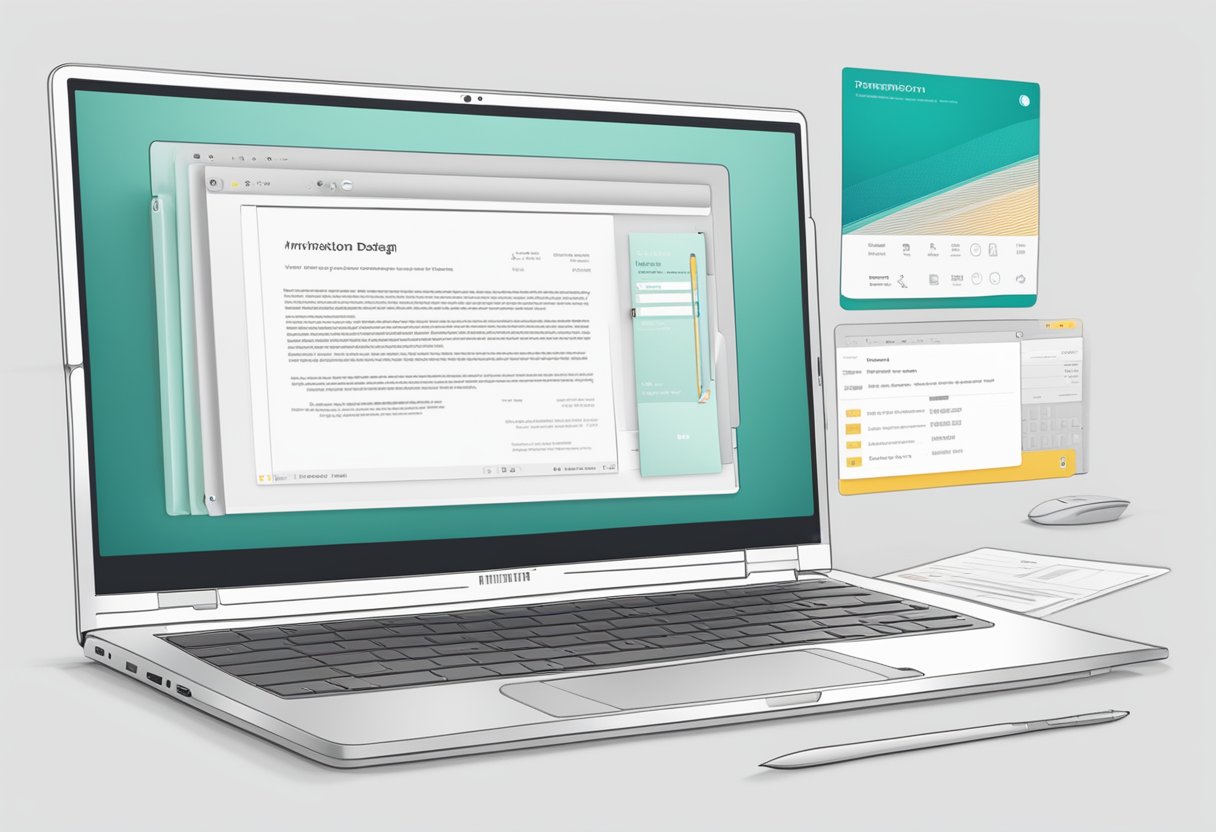 An open laptop displaying the Templett editing interface with a printable invitation on the screen. A mouse hovers over the design, ready to make edits
