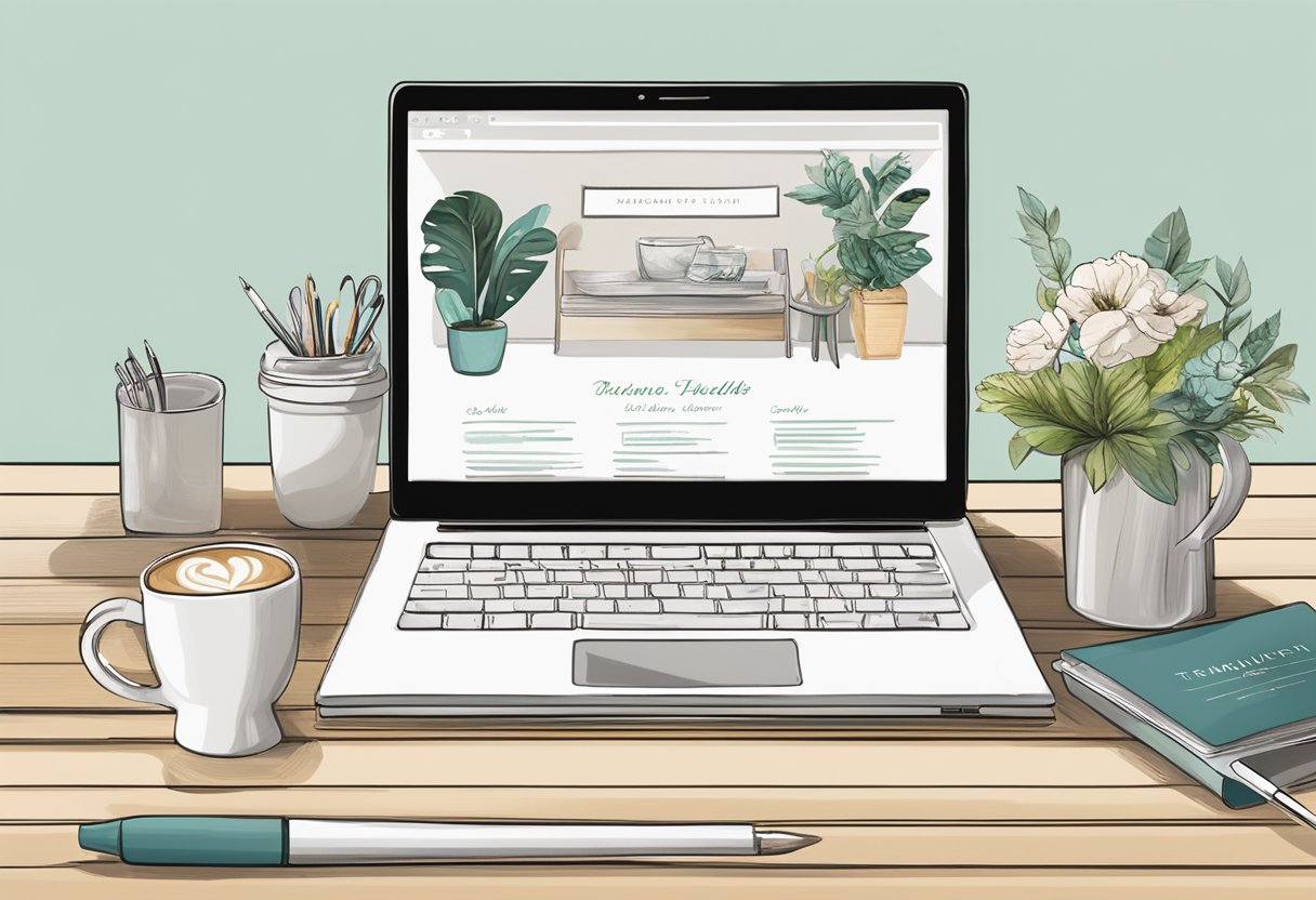 A laptop open to Templett.com with a wedding invitation template displayed, surrounded by design tools and a cup of coffee