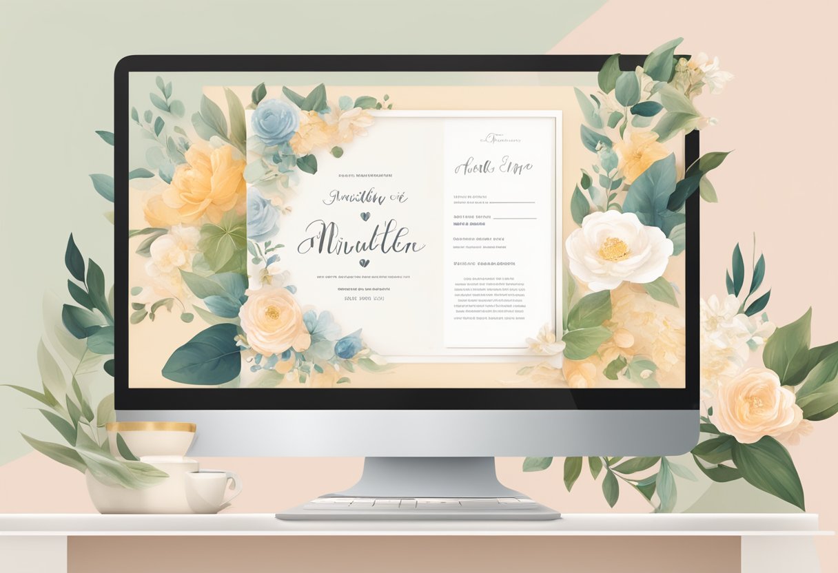 A computer screen with a wedding invitation template open on Templett.com app, with various customization options being selected