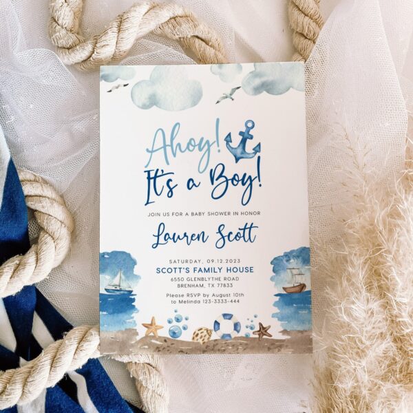 Ahoy It's a boy invitation | Editable Nautical Baby Shower Invitation - LovelyTemplatesCo