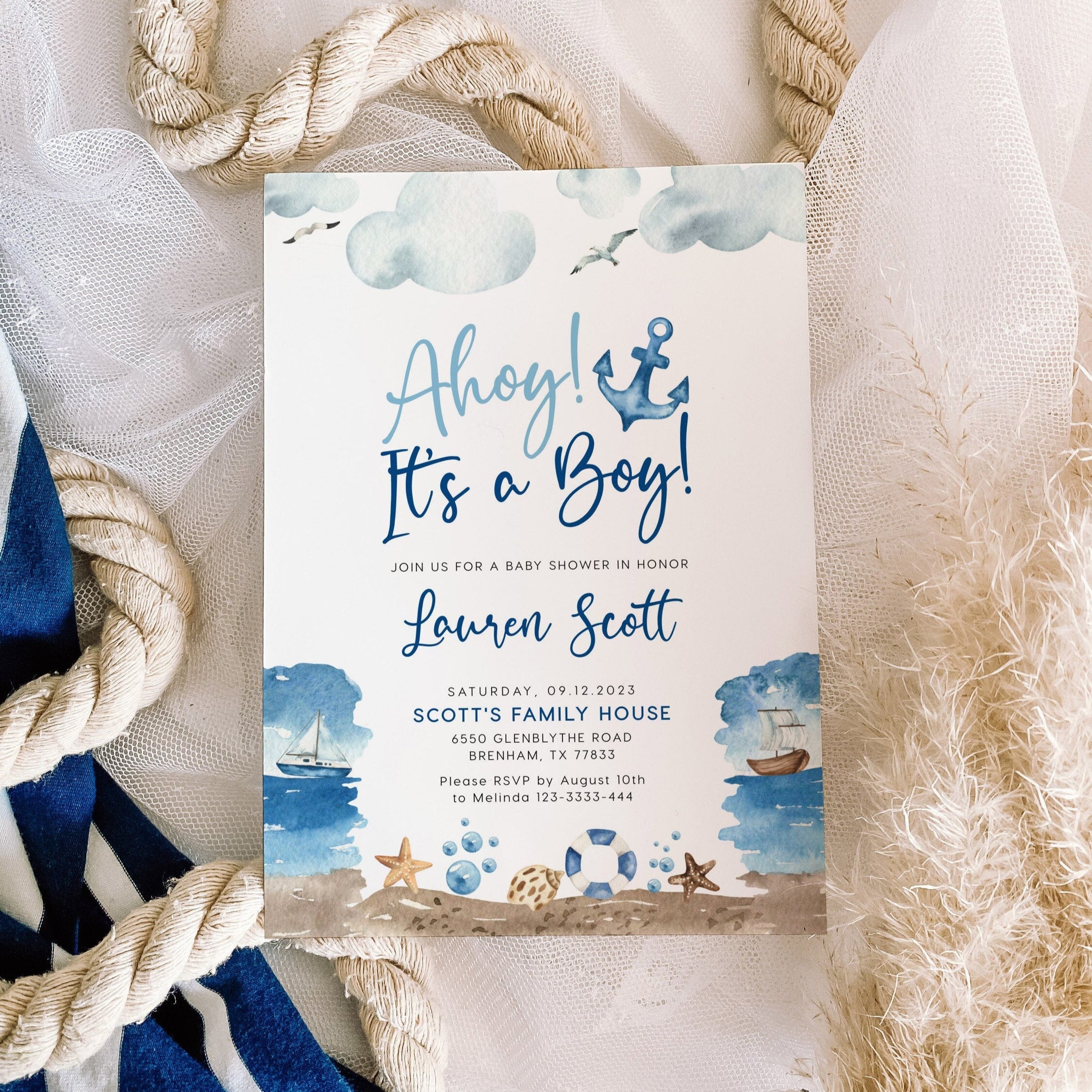 Ahoy It's a boy invitation | Editable Nautical Baby Shower Invitation - LovelyTemplatesCo