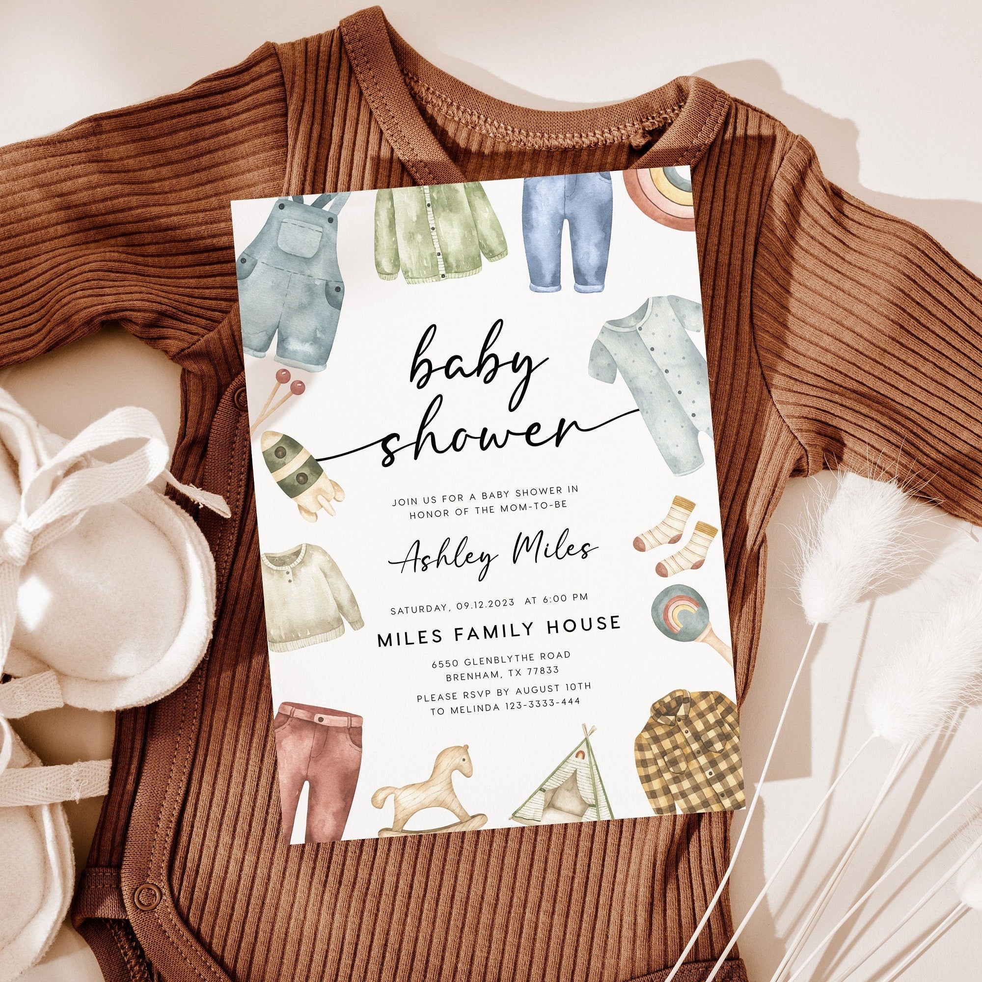 Baby Boy Invitation, Baby Clothes Invitation - LovelyTemplatesCo