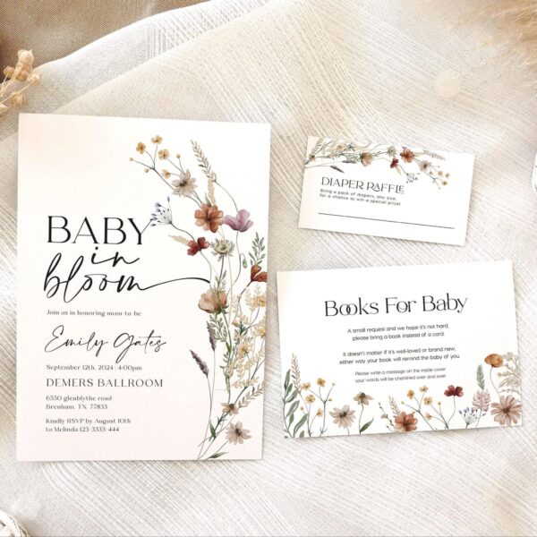 Baby In Bloom Invitation | Baby shower bundle | Books for Baby card | Diaper raffle card - LovelyTemplatesCo