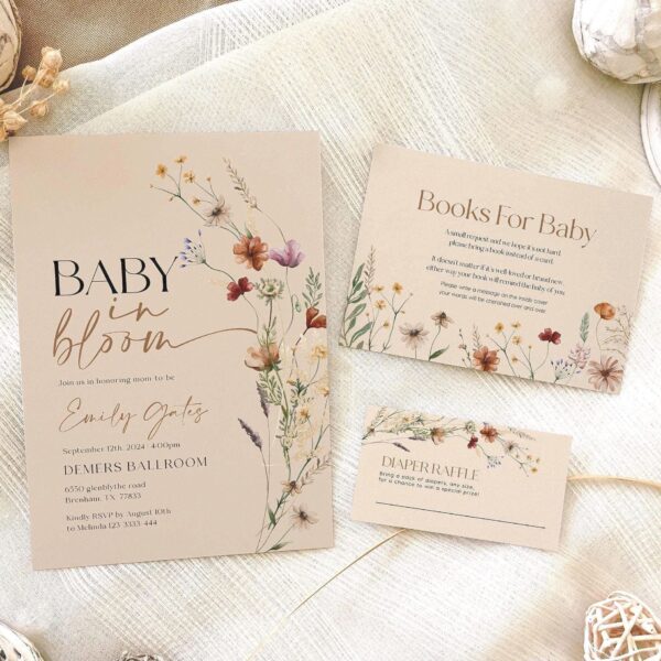 Baby In Bloom invitation | Beige with Wildflowers customizable templates - LovelyTemplatesCo