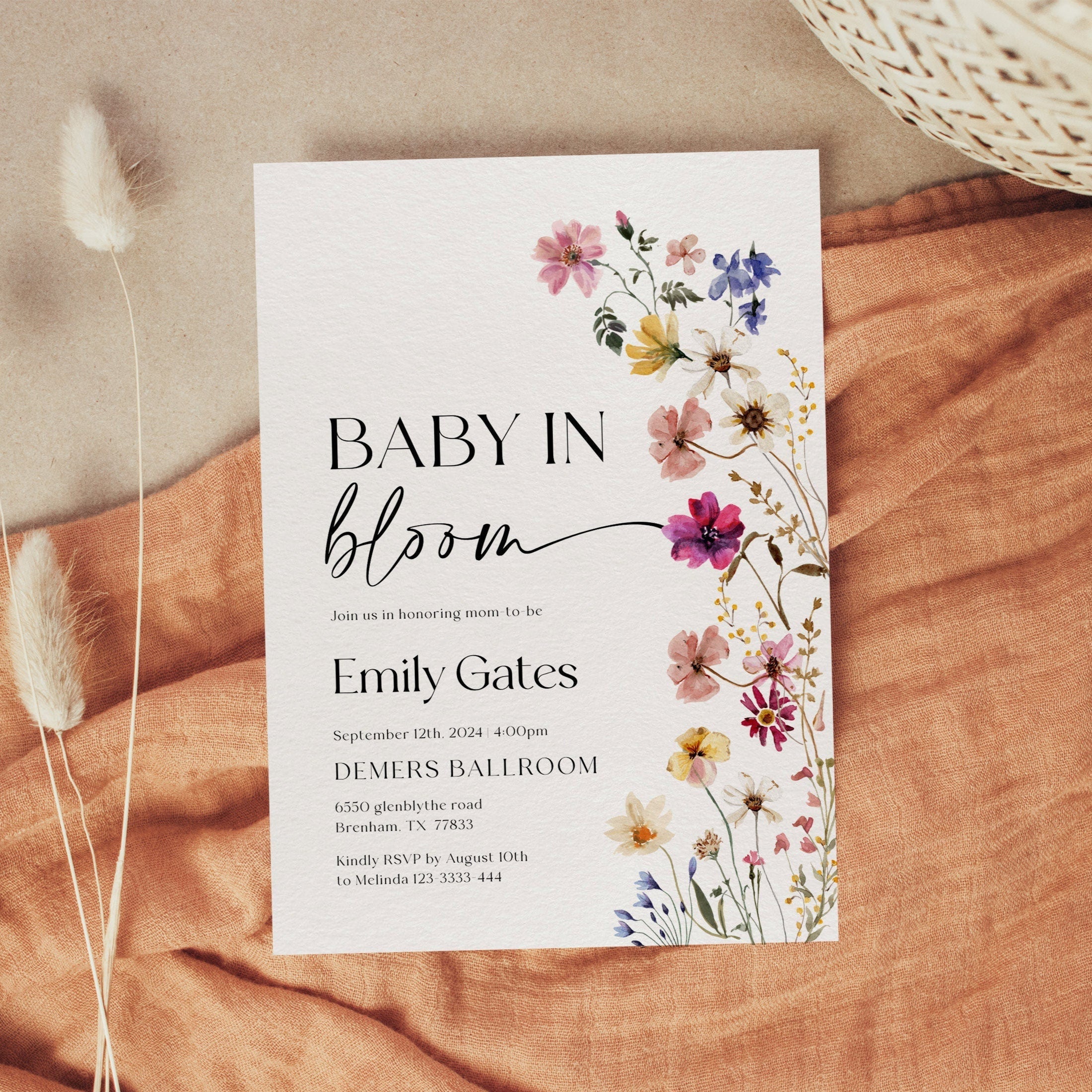 Baby In Bloom Invitation, Floral Baby Shower Invitation, Baby In Bloom template, Colorful Wildflower baby shower stationery - LovelyTemplatesCo