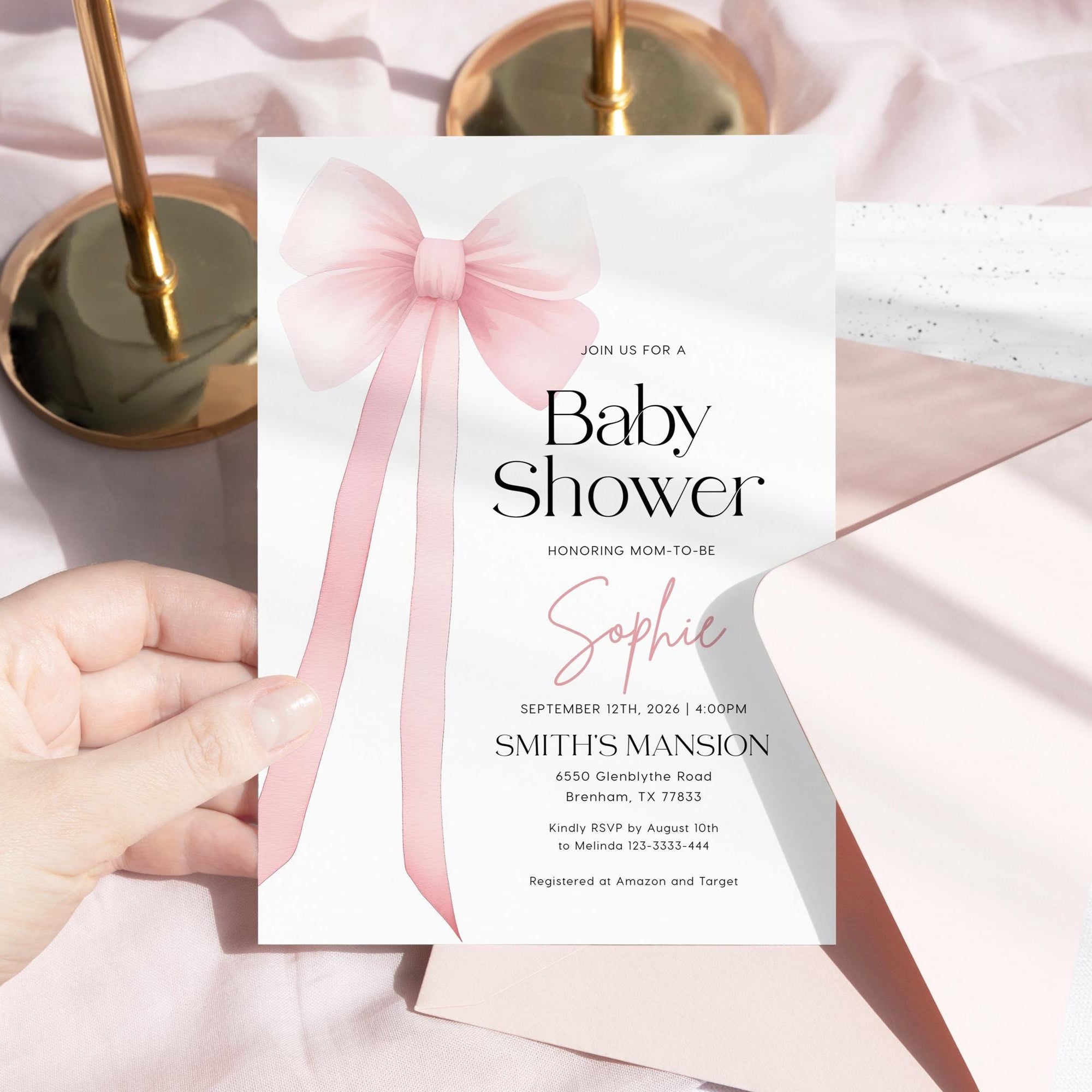 Baby Shower Invitation, Pink Croquette Bow Baby Shower Invitation - LovelyTemplatesCo