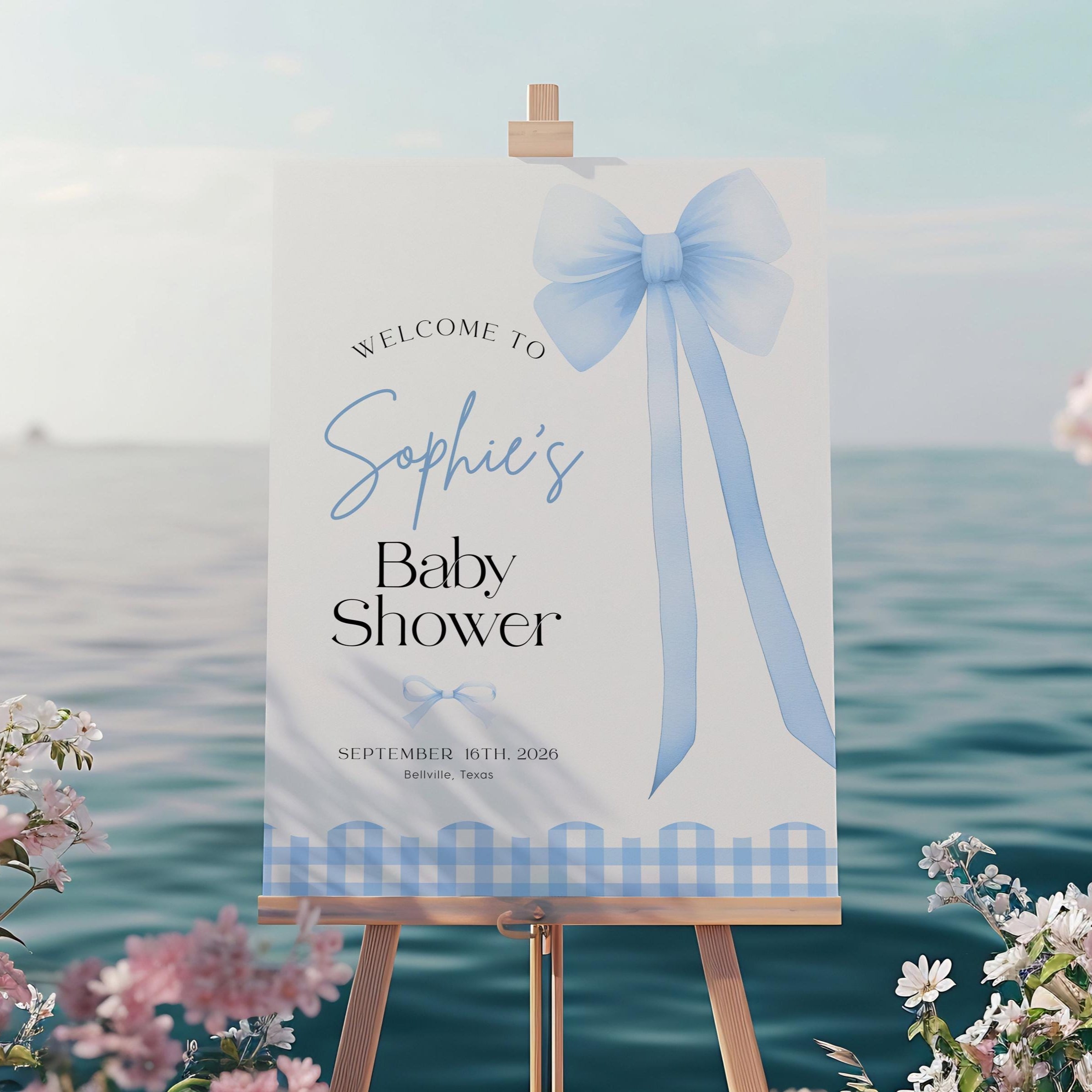 Baby Shower Welcome Sign, Blue Coquette Bow welcome Sign - LovelyTemplatesCo