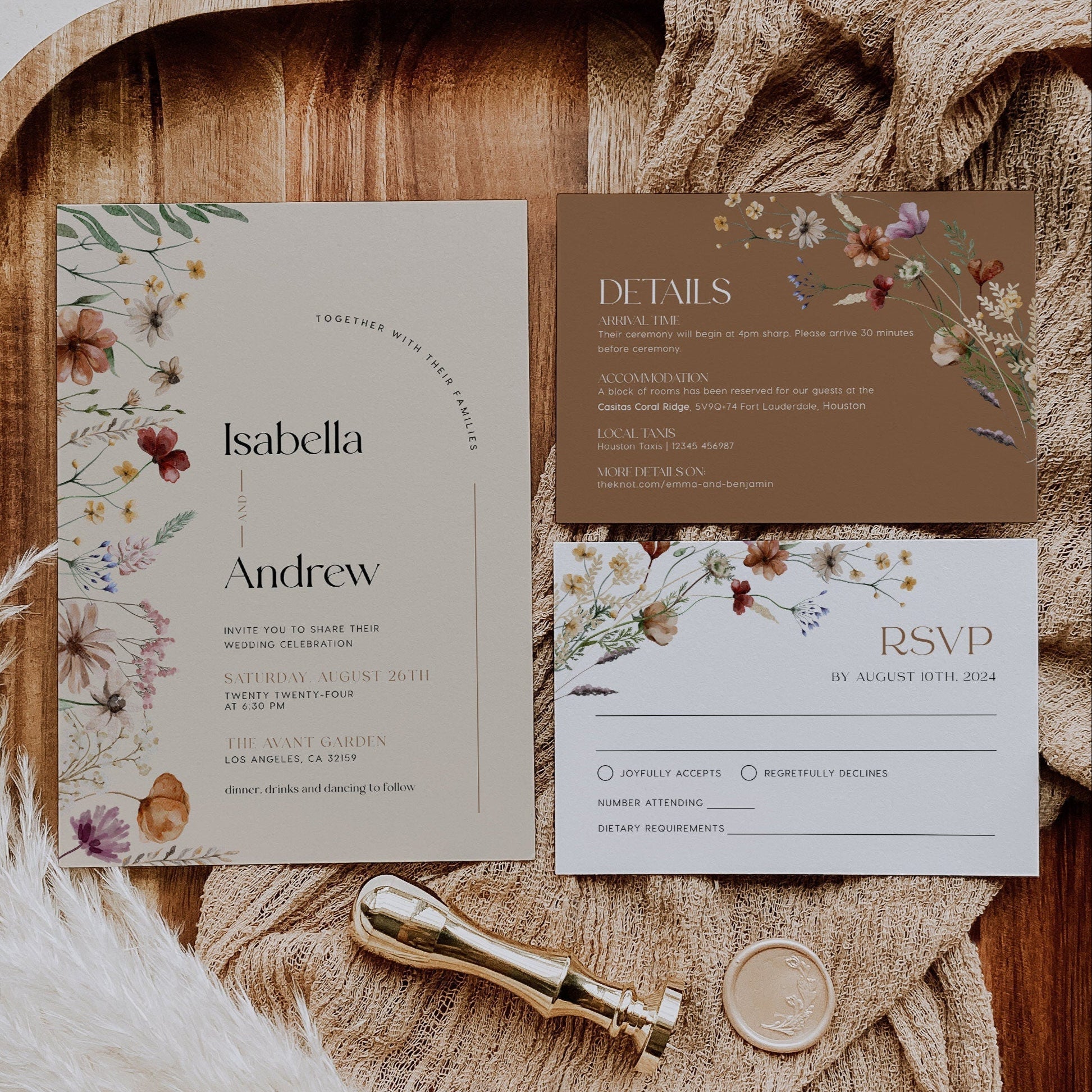 Beige Wedding Invitation, Wildflower Wedding invitation set, Floral Wedding Invitation - LovelyTemplatesCo