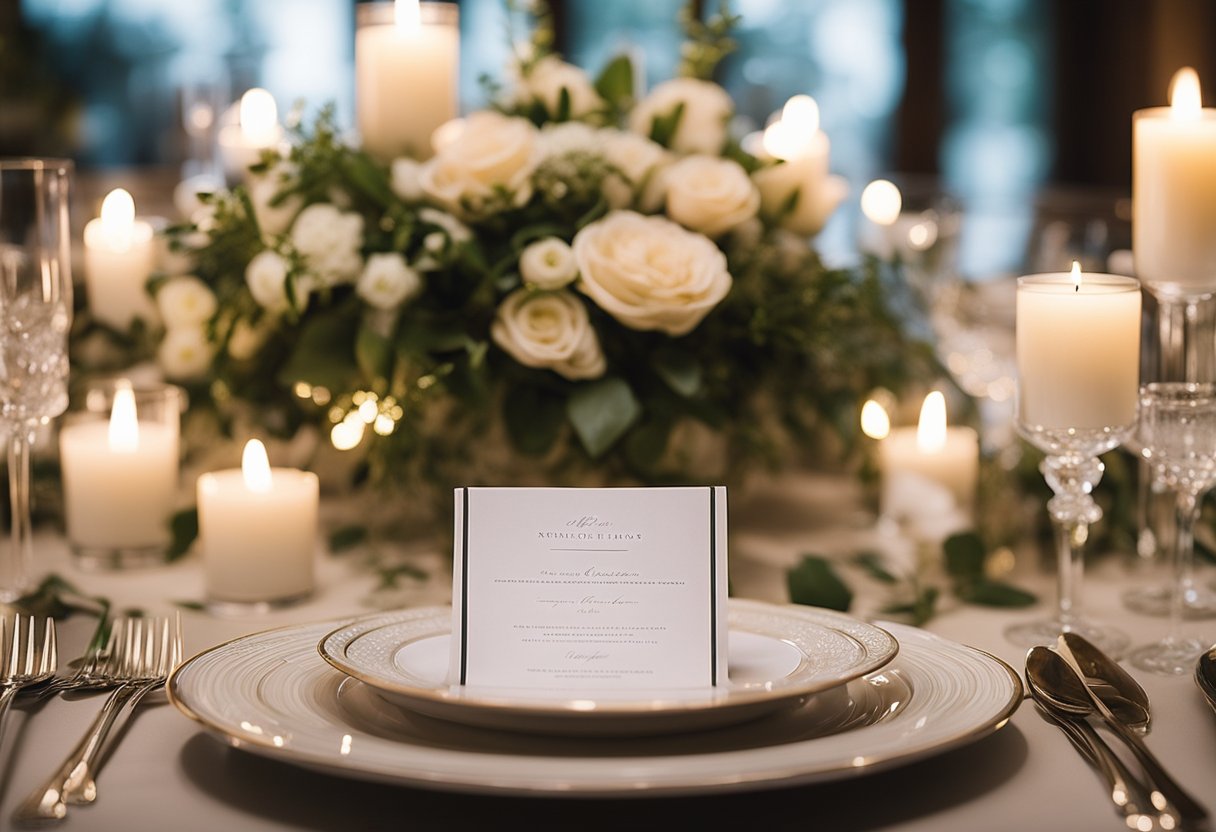 A table adorned with wedding invitations, menus, and place cards, surrounded by elegant floral arrangements and soft candlelight