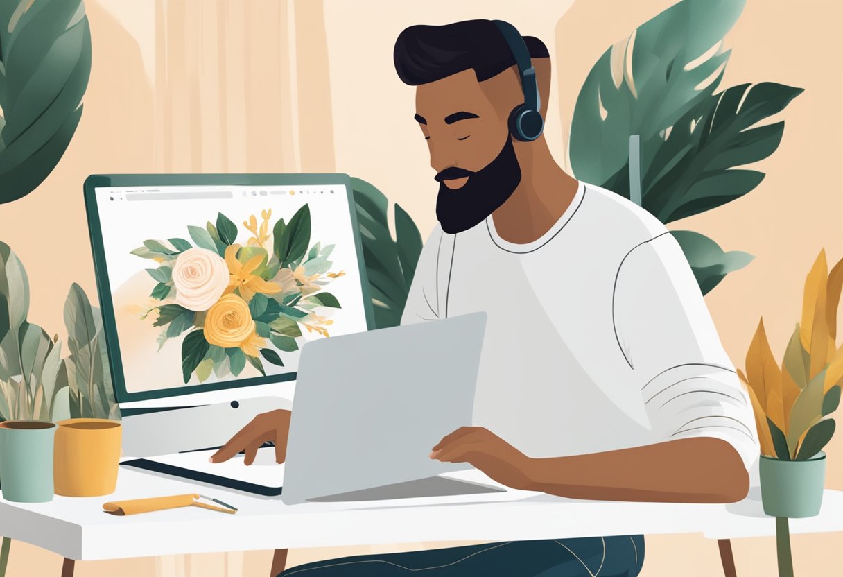 An artist is customizing a wedding invitation template on Templett.com, using design elements and editing tools on a computer screen