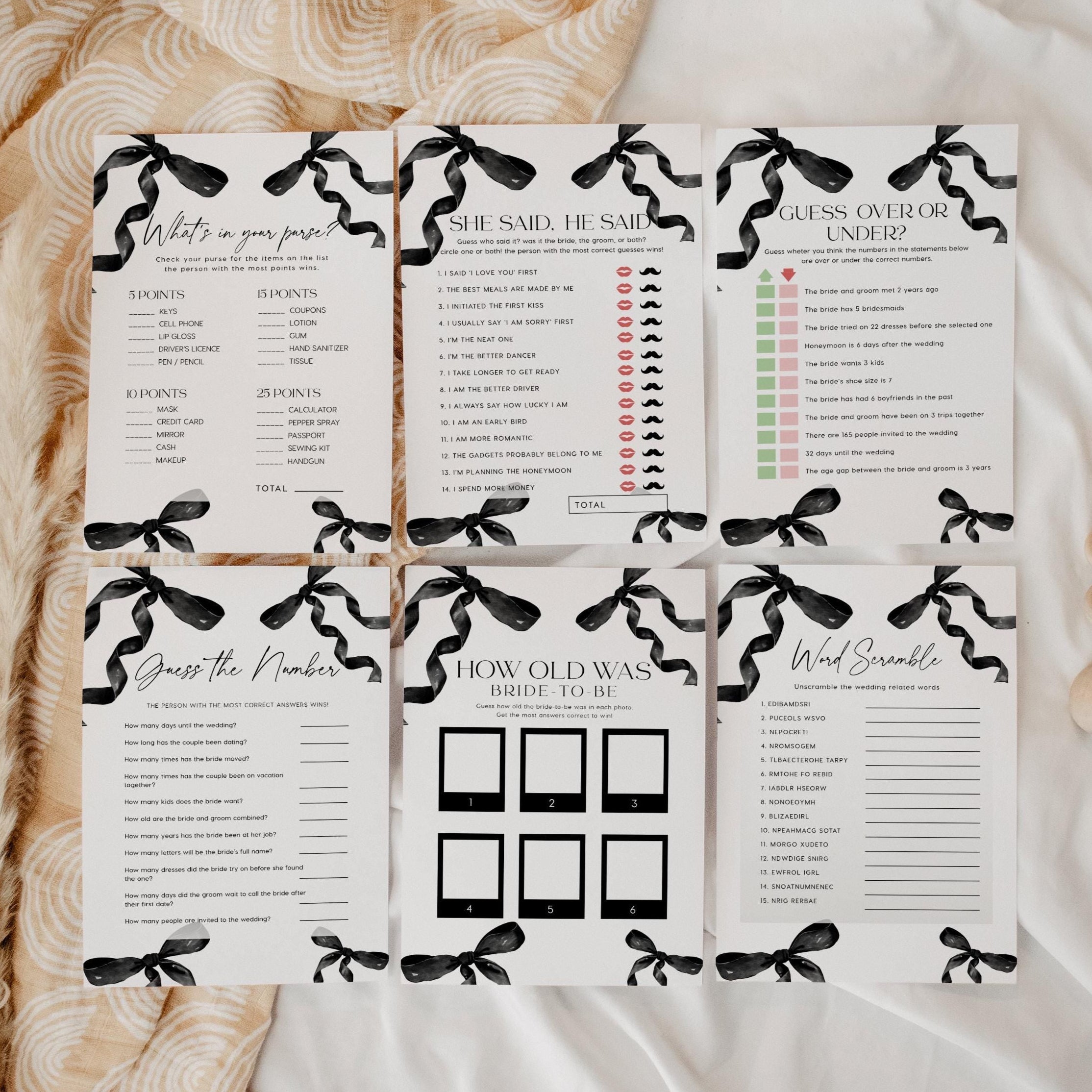 Black Bow Bridal Shower Games Bundle, 10 Minimalist Bridal Shower game card templates - LovelyTemplatesCo