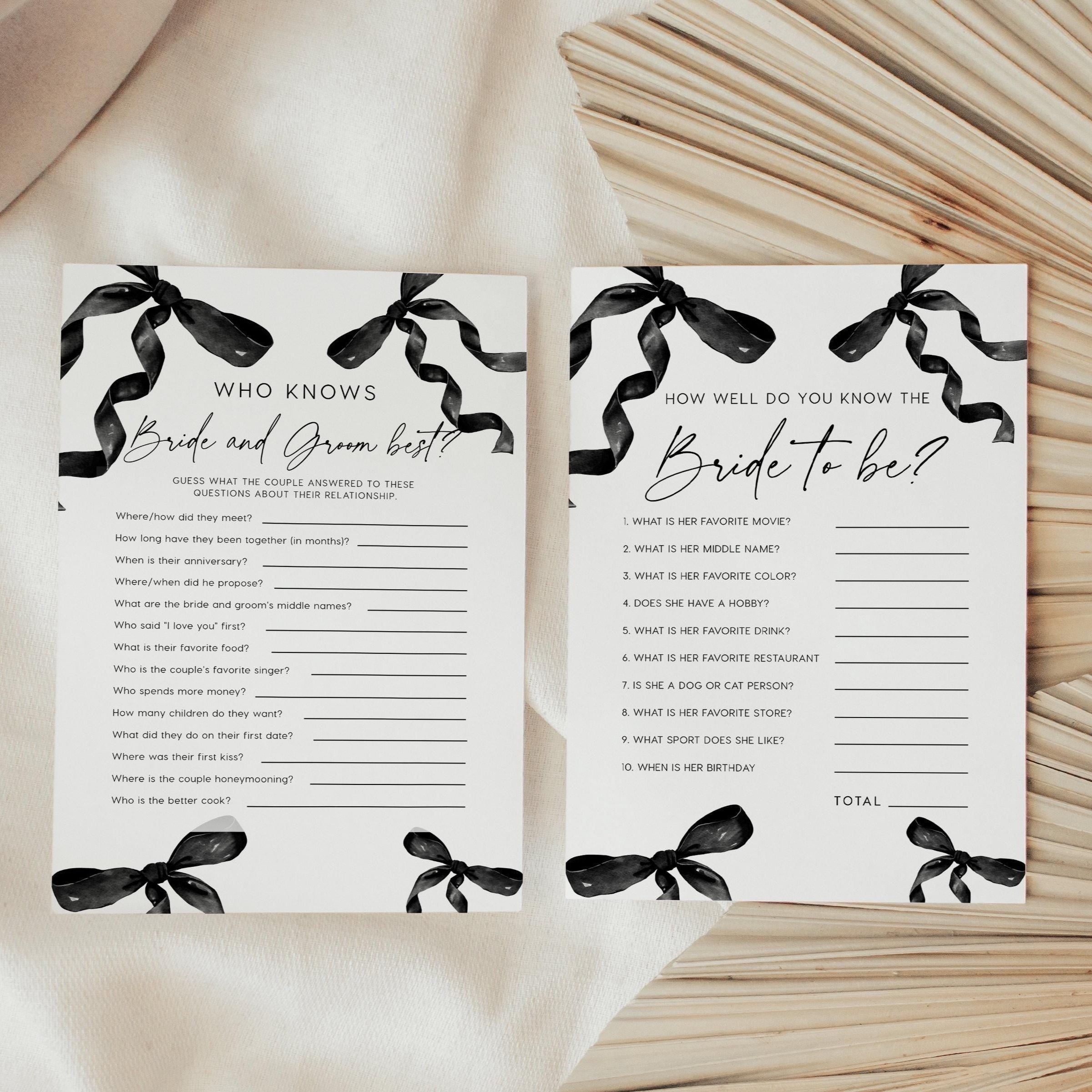 Black Bow Bridal Shower Games Bundle, 10 Minimalist Bridal Shower game card templates - LovelyTemplatesCo