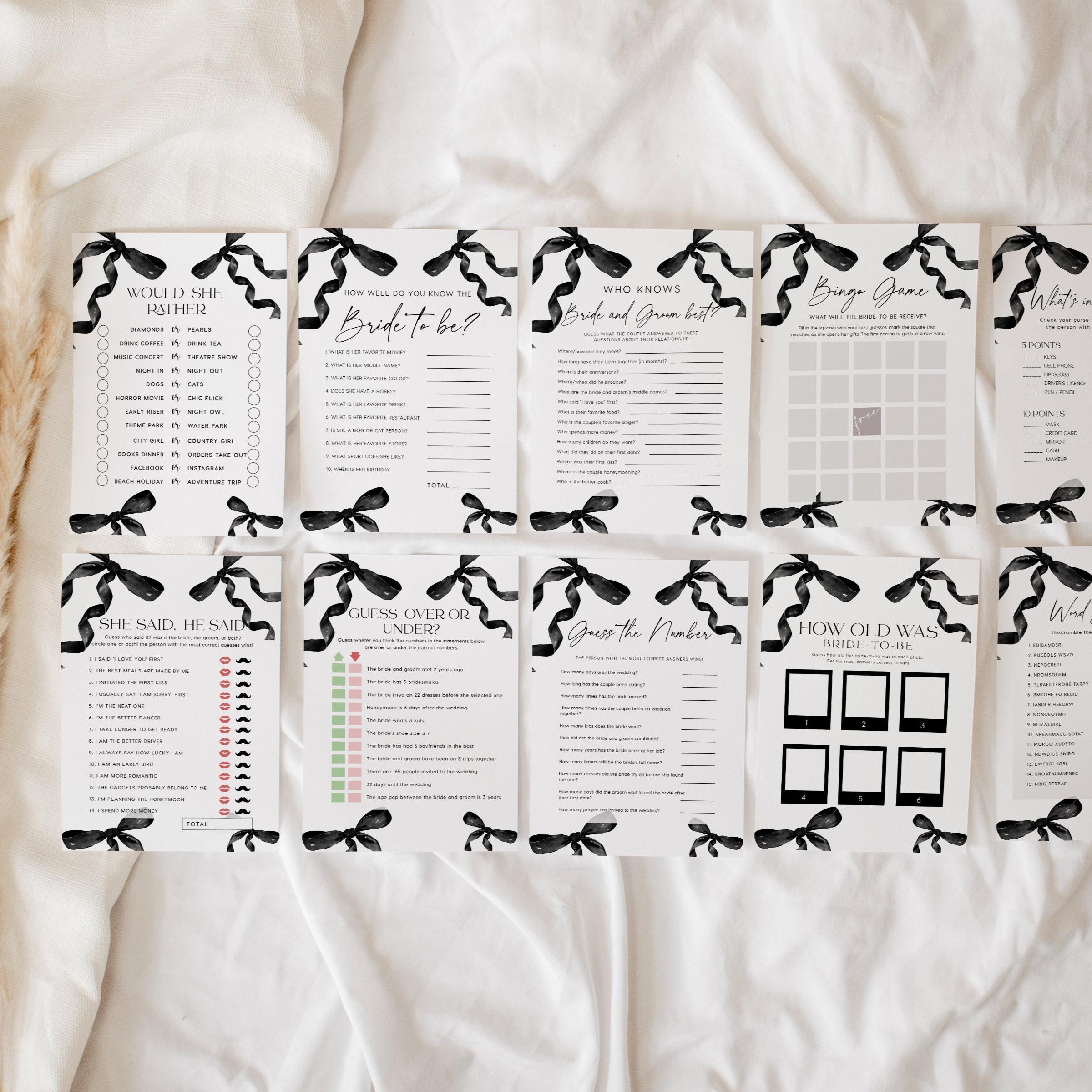 Black Bow Bridal Shower Games Bundle, 10 Minimalist Bridal Shower game card templates - LovelyTemplatesCo