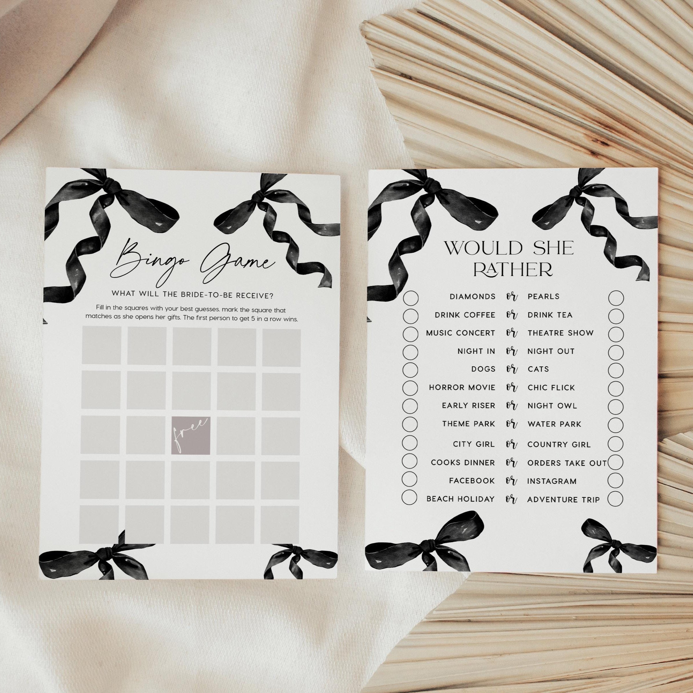 Black Bow Bridal Shower Games Bundle, 10 Minimalist Bridal Shower game card templates - LovelyTemplatesCo