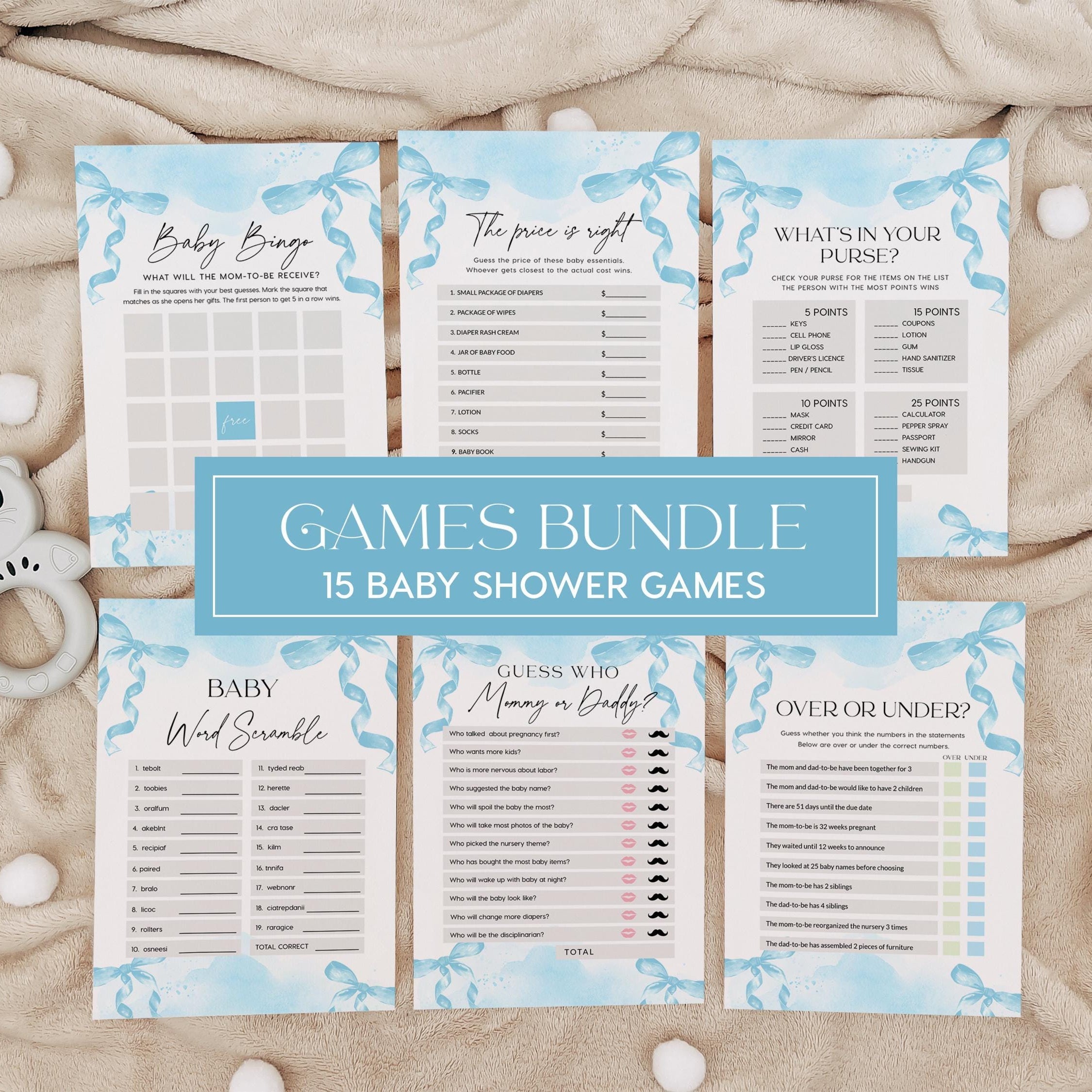 Blue Baby Shower Games Bundle, Minimalist Blue Bow Baby Shower Games cards, 15 games included - LovelyTemplatesCo