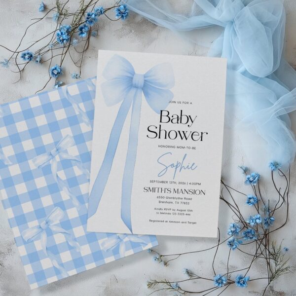 Blue Bow Baby Shower invitation - LovelyTemplatesCo