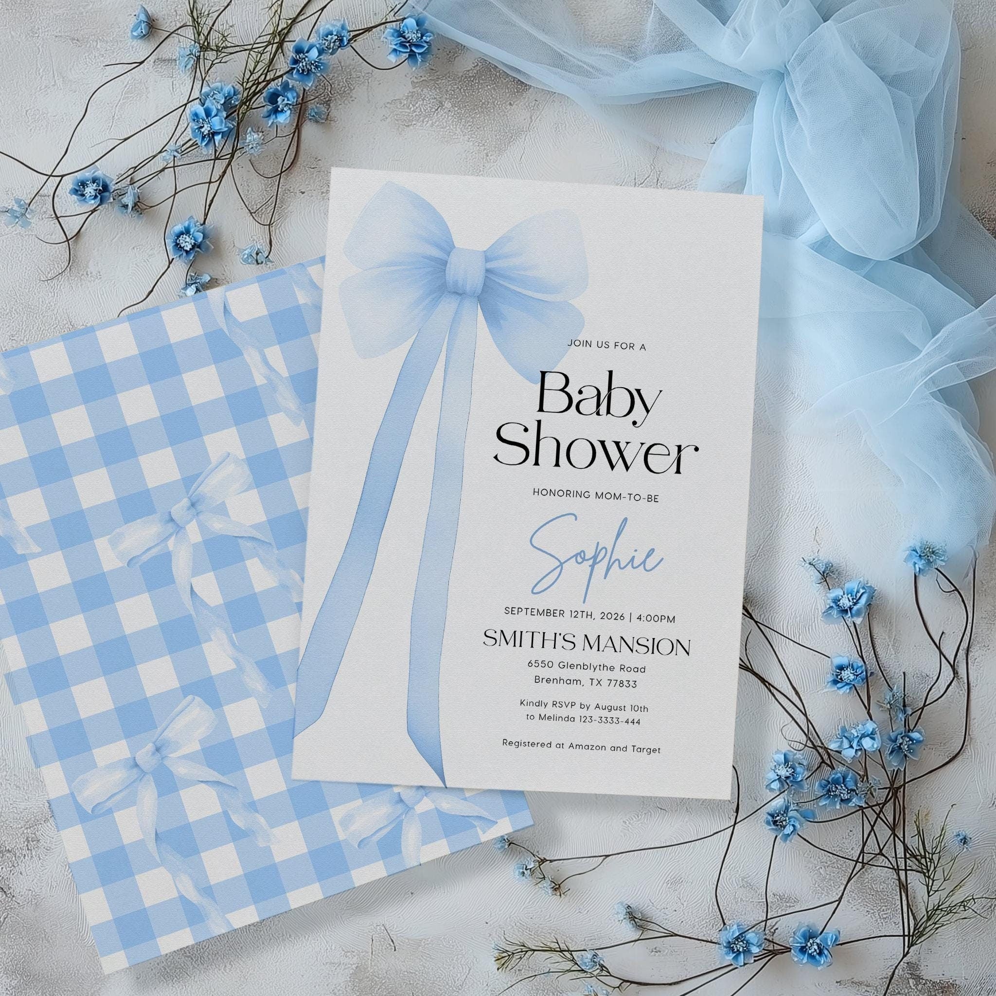 Blue Bow Baby Shower invitation - LovelyTemplatesCo