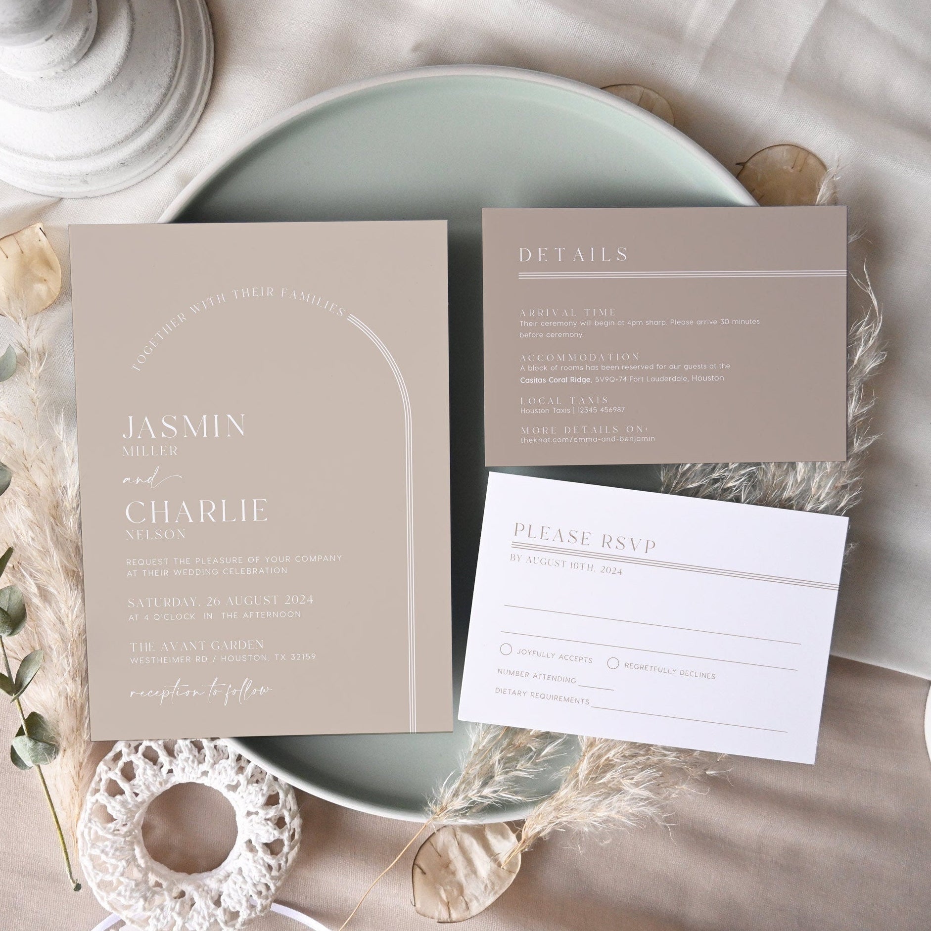 Boho Arched Wedding Invitation, Beige wedding invitation set - LovelyTemplatesCo