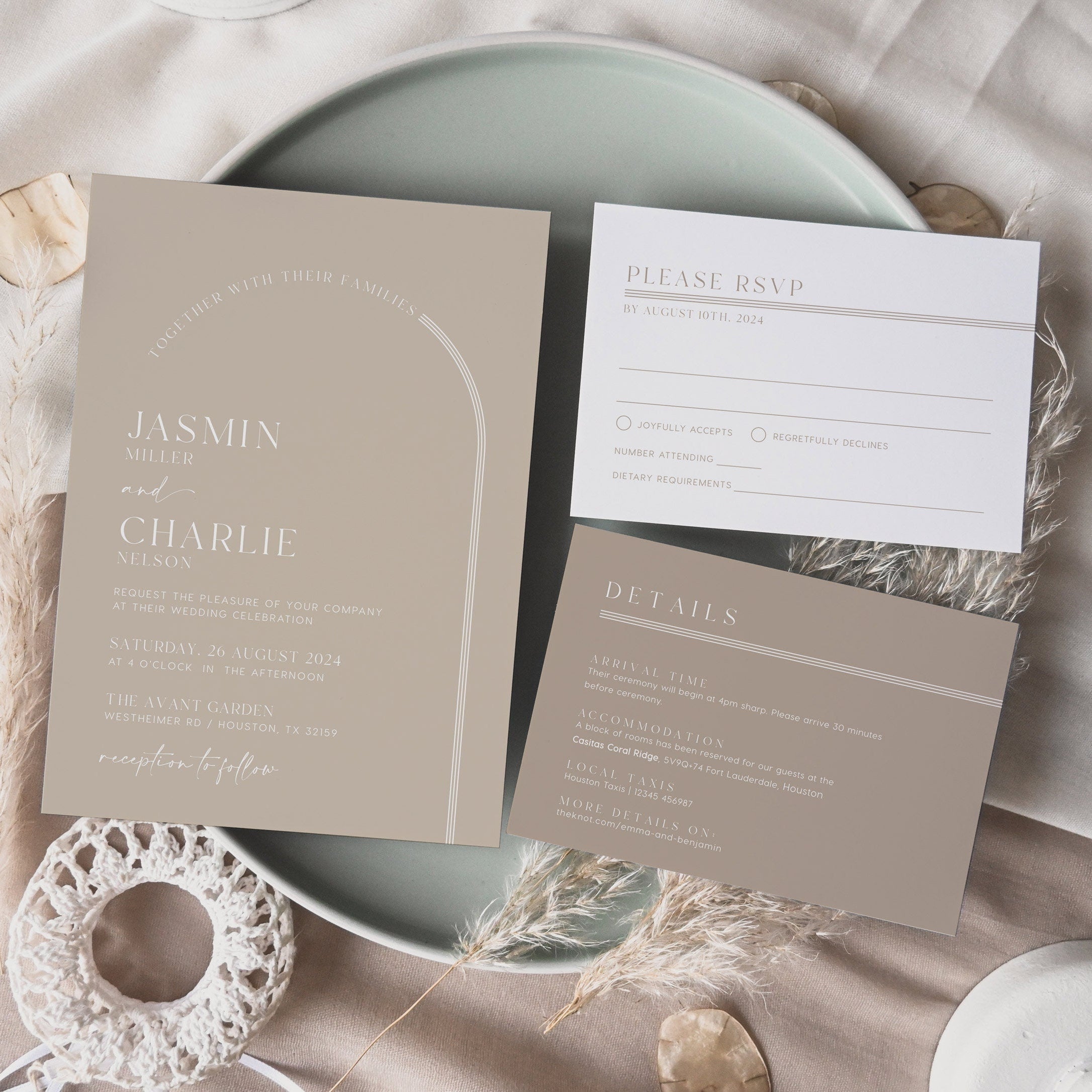 Boho Arched Wedding Invitation, Beige wedding invitation set - LovelyTemplatesCo