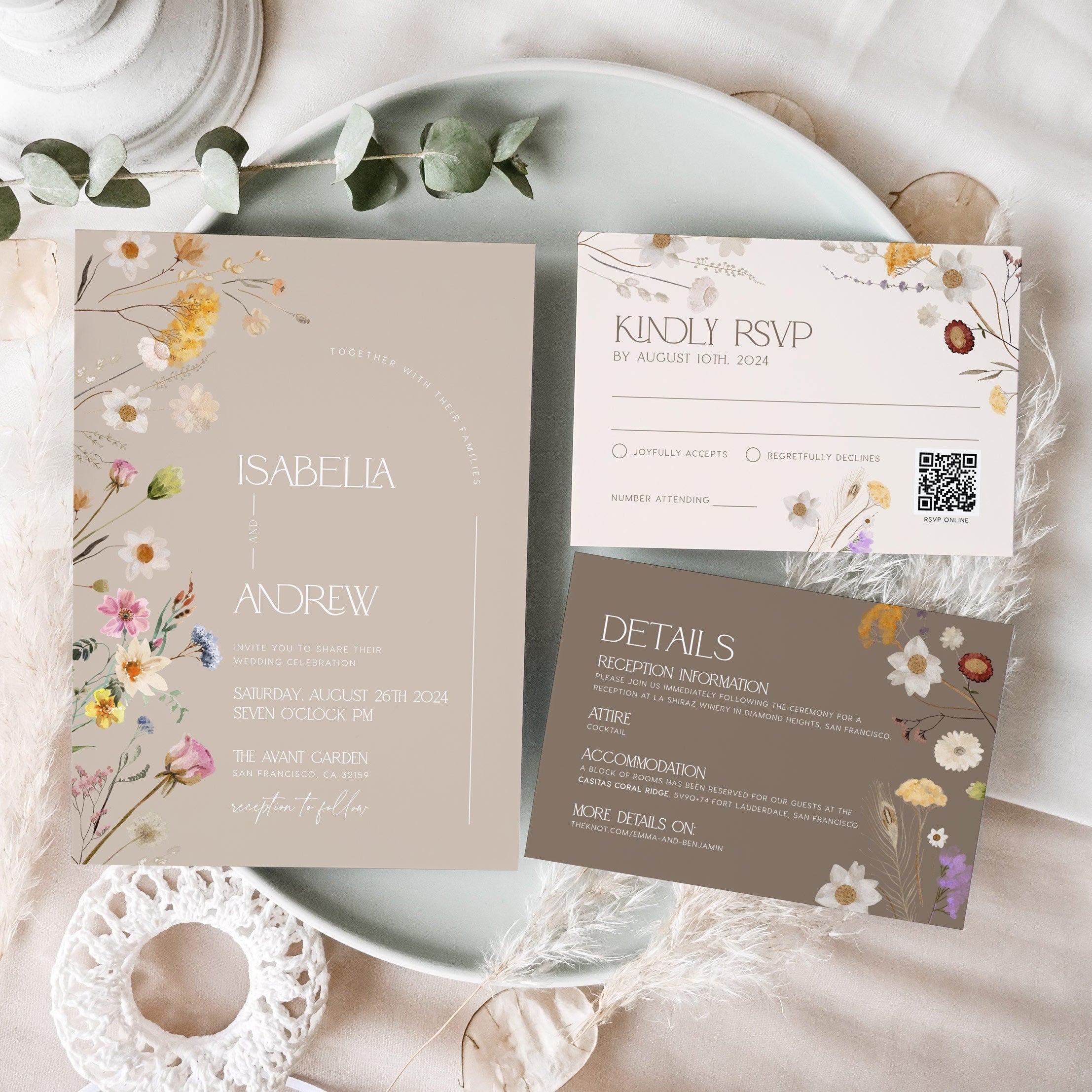 Boho Beige Floral Wedding Invitation set - LovelyTemplatesCo