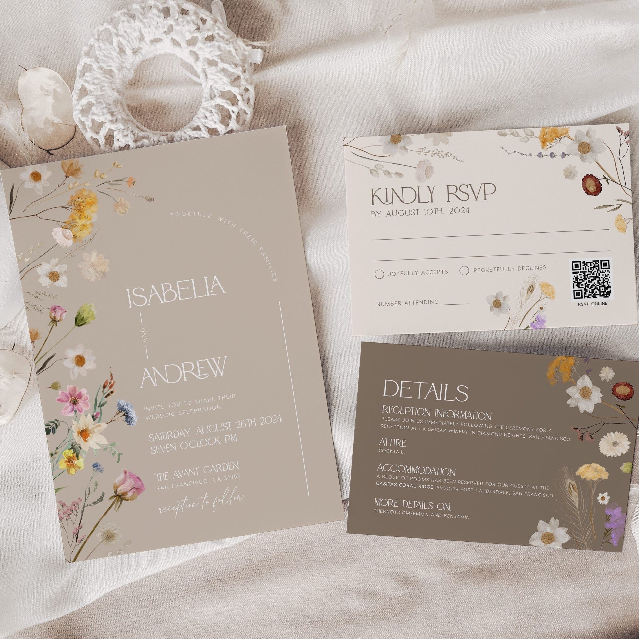 Boho Beige Floral Wedding Invitation set - LovelyTemplatesCo