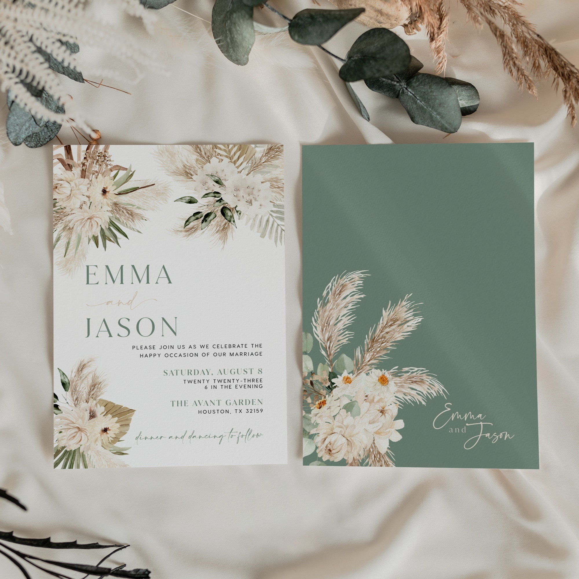 Boho Sage Green Wedding Invitation Set - LovelyTemplatesCo
