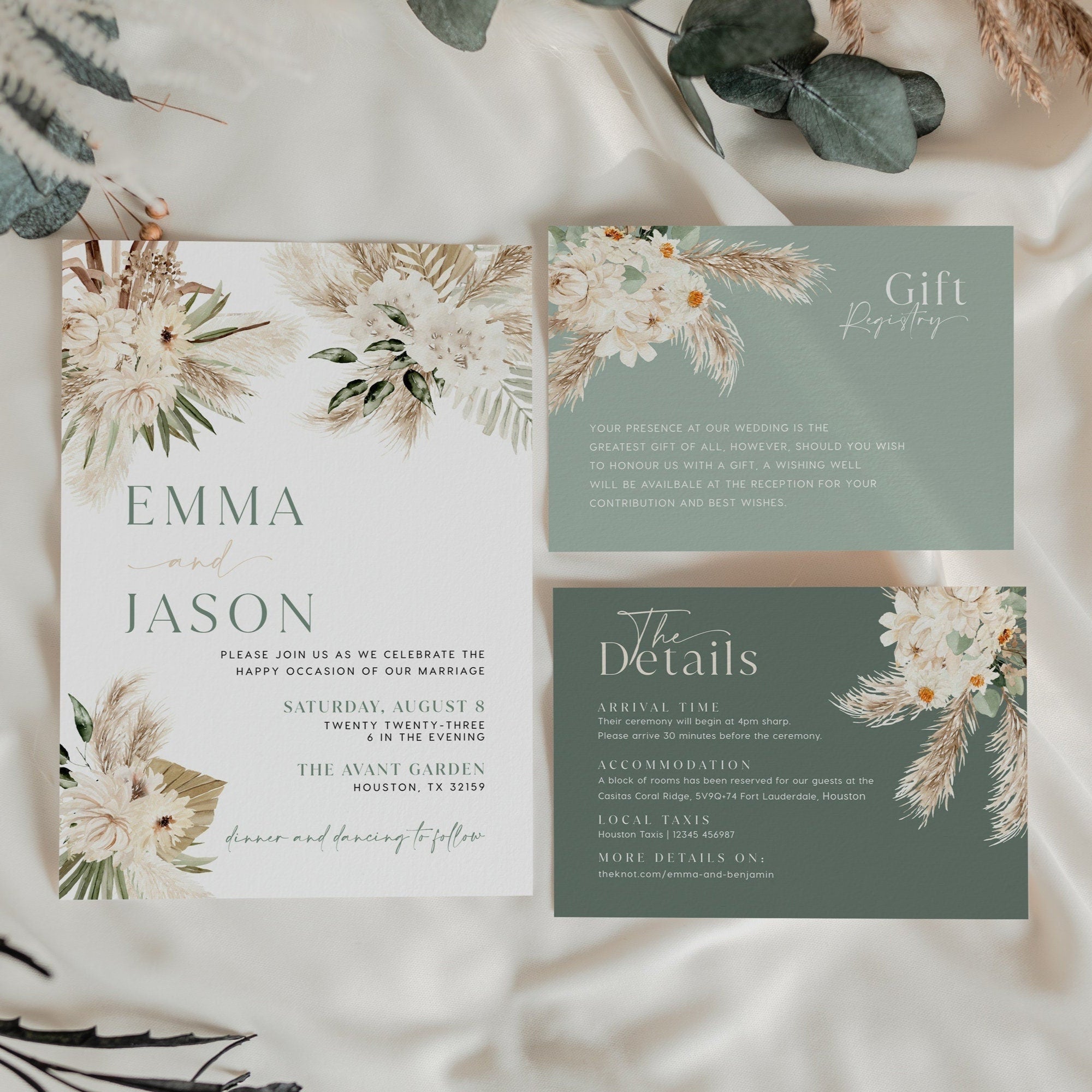 Boho Sage Green Wedding Invitation Set - LovelyTemplatesCo