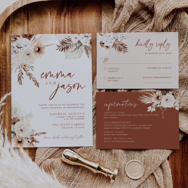 Boho Terracotta Invitation, Wedding invitation pampas, Terracotta wedding invitation, Boho Wedding invitation template - LovelyTemplatesCo