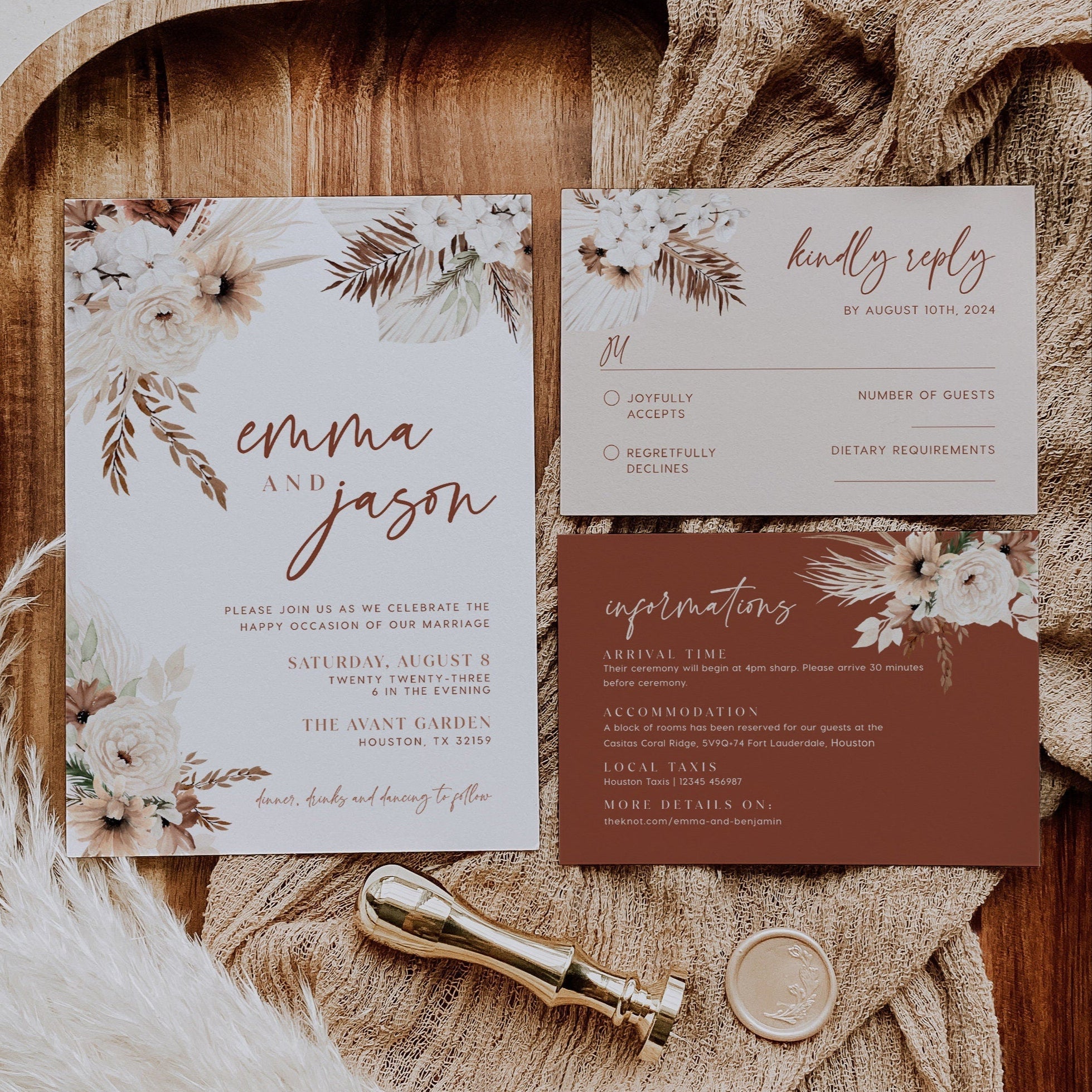 Boho Terracotta Invitation, Wedding invitation pampas, Terracotta wedding invitation, Boho Wedding invitation template - LovelyTemplatesCo