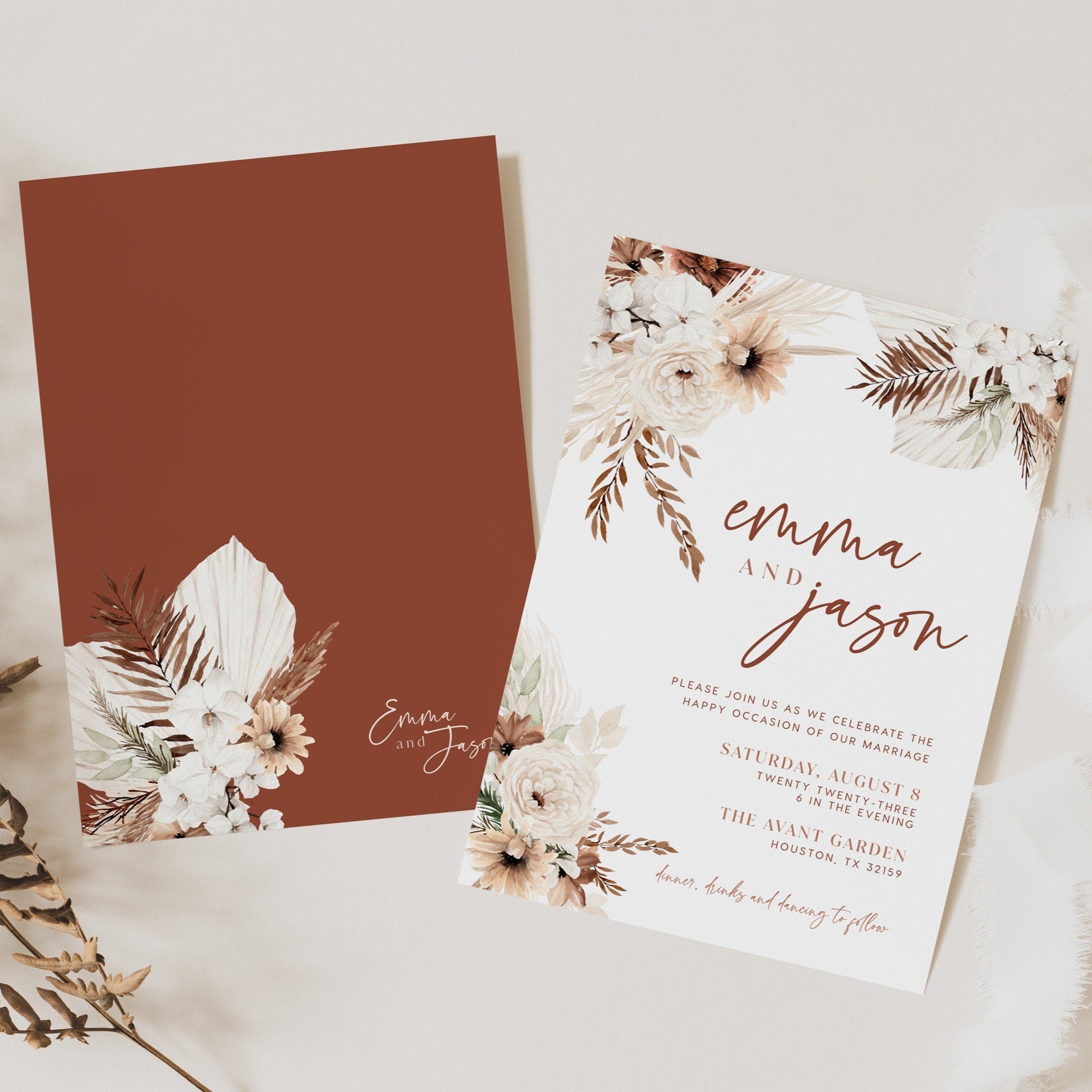 Boho Terracotta Invitation, Wedding invitation pampas, Terracotta wedding invitation, Boho Wedding invitation template - LovelyTemplatesCo