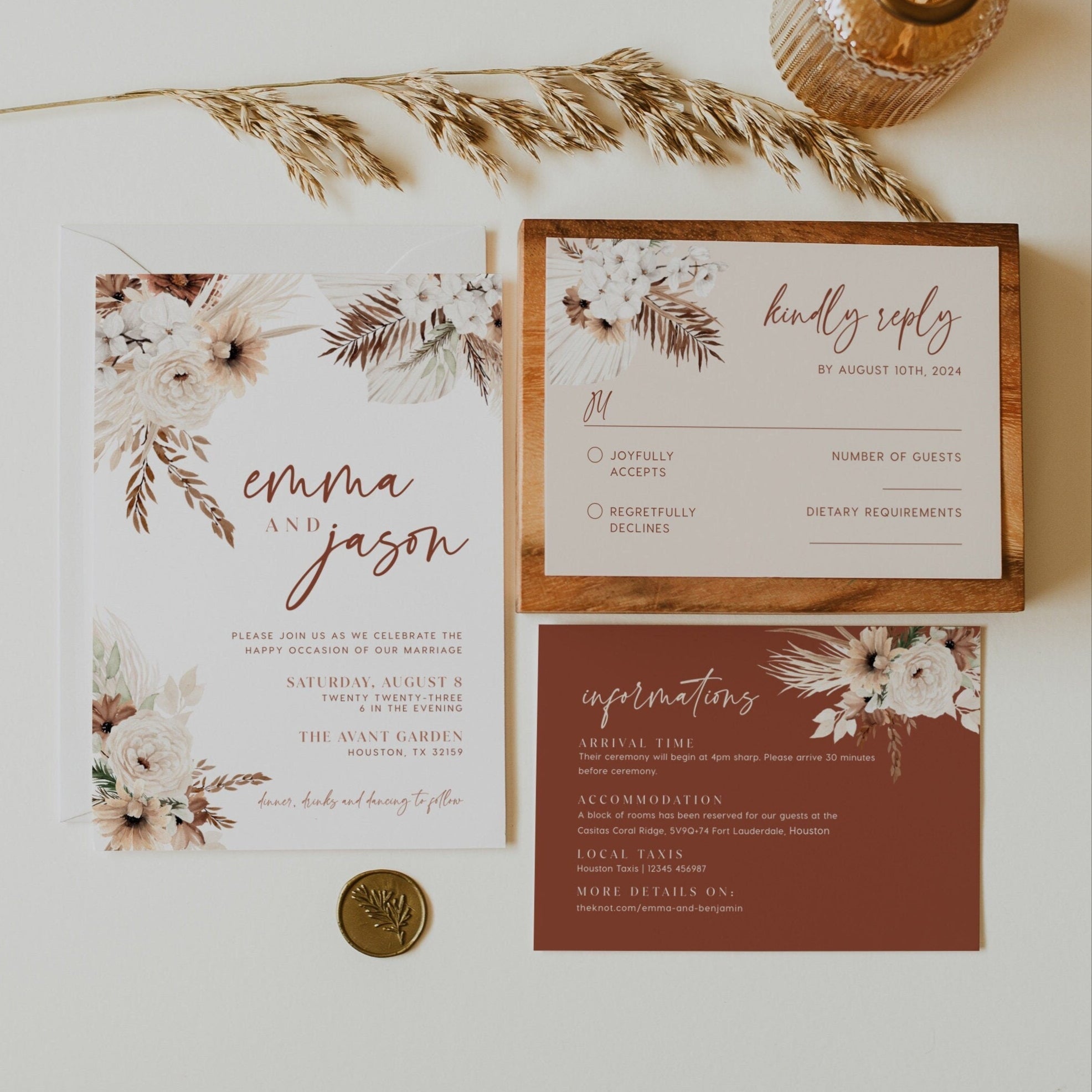 Boho Terracotta Invitation, Wedding invitation pampas, Terracotta wedding invitation, Boho Wedding invitation template - LovelyTemplatesCo