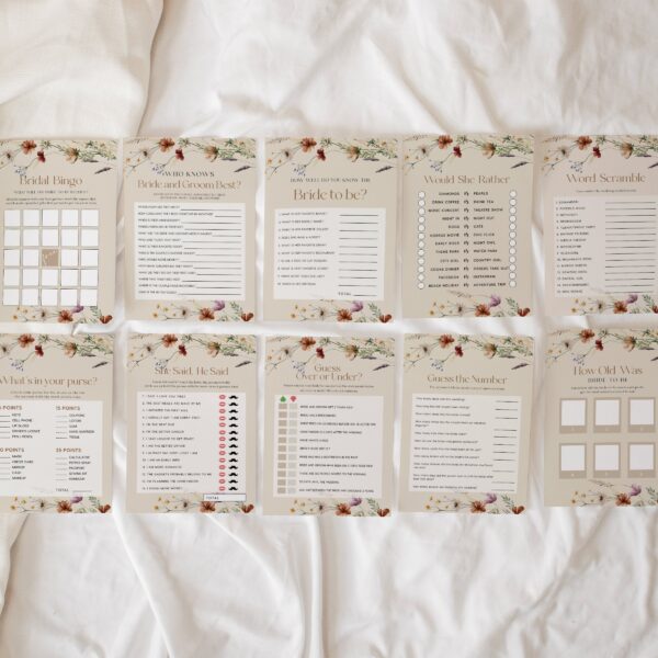 Bridal Shower Games Bundle | Beige with Wildflower customizable game cards templates - LovelyTemplatesCo