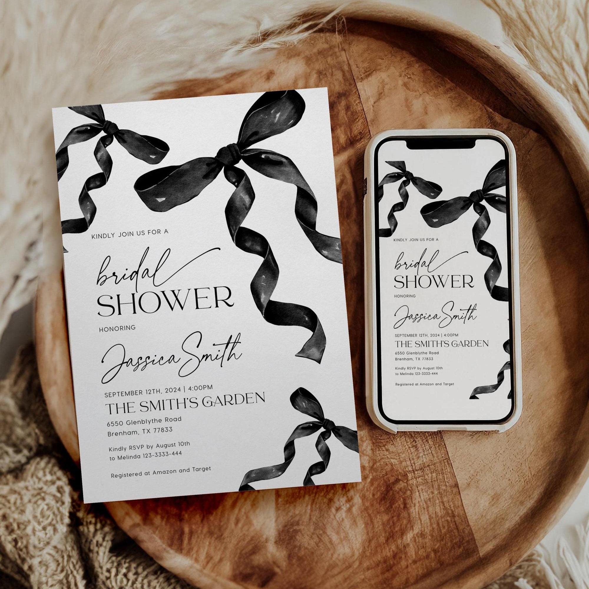 Bridal Shower Invitation | Black Bow Bridal Shower - LovelyTemplatesCo