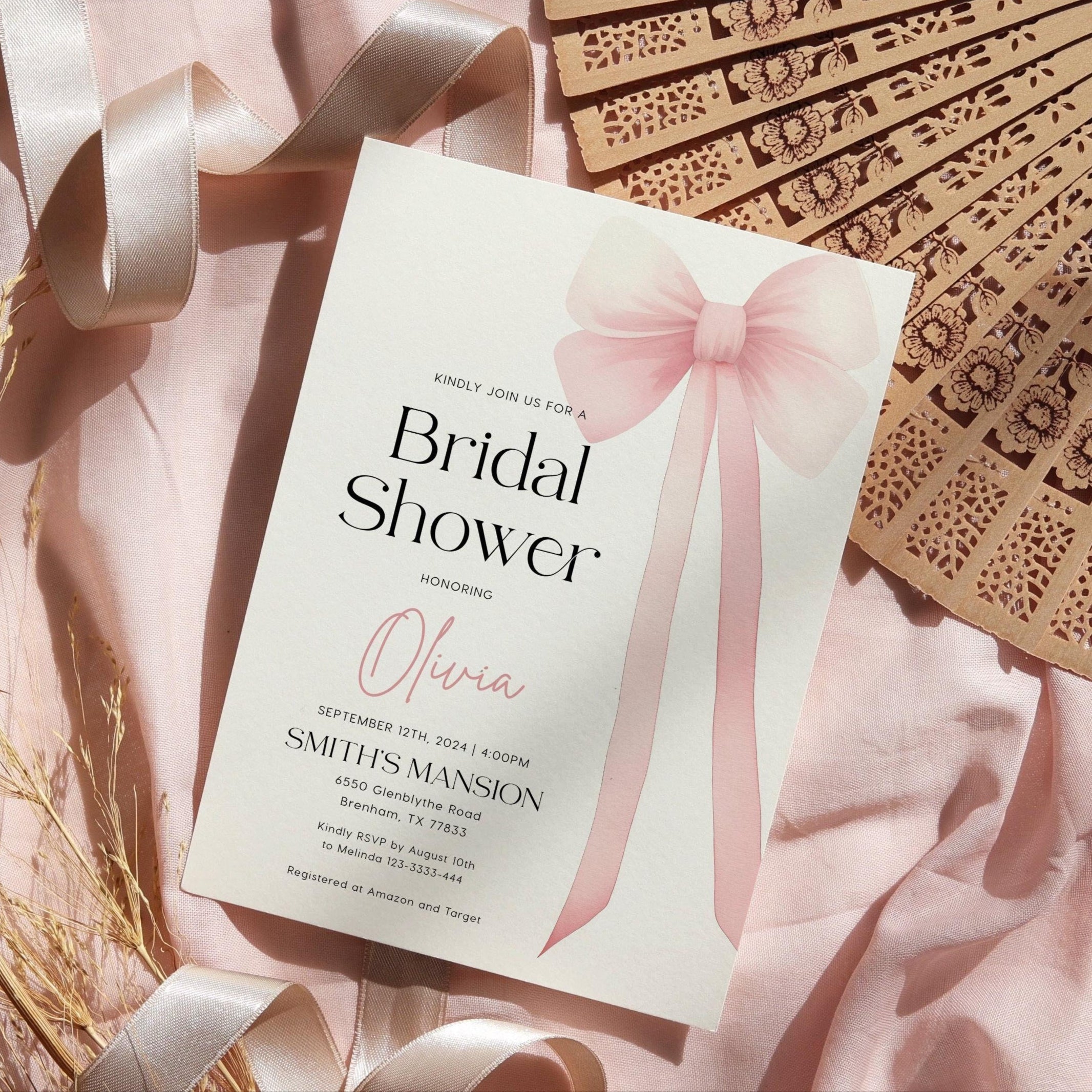 Bridal Shower Invitation Template with pink coquette bow - LovelyTemplatesCo
