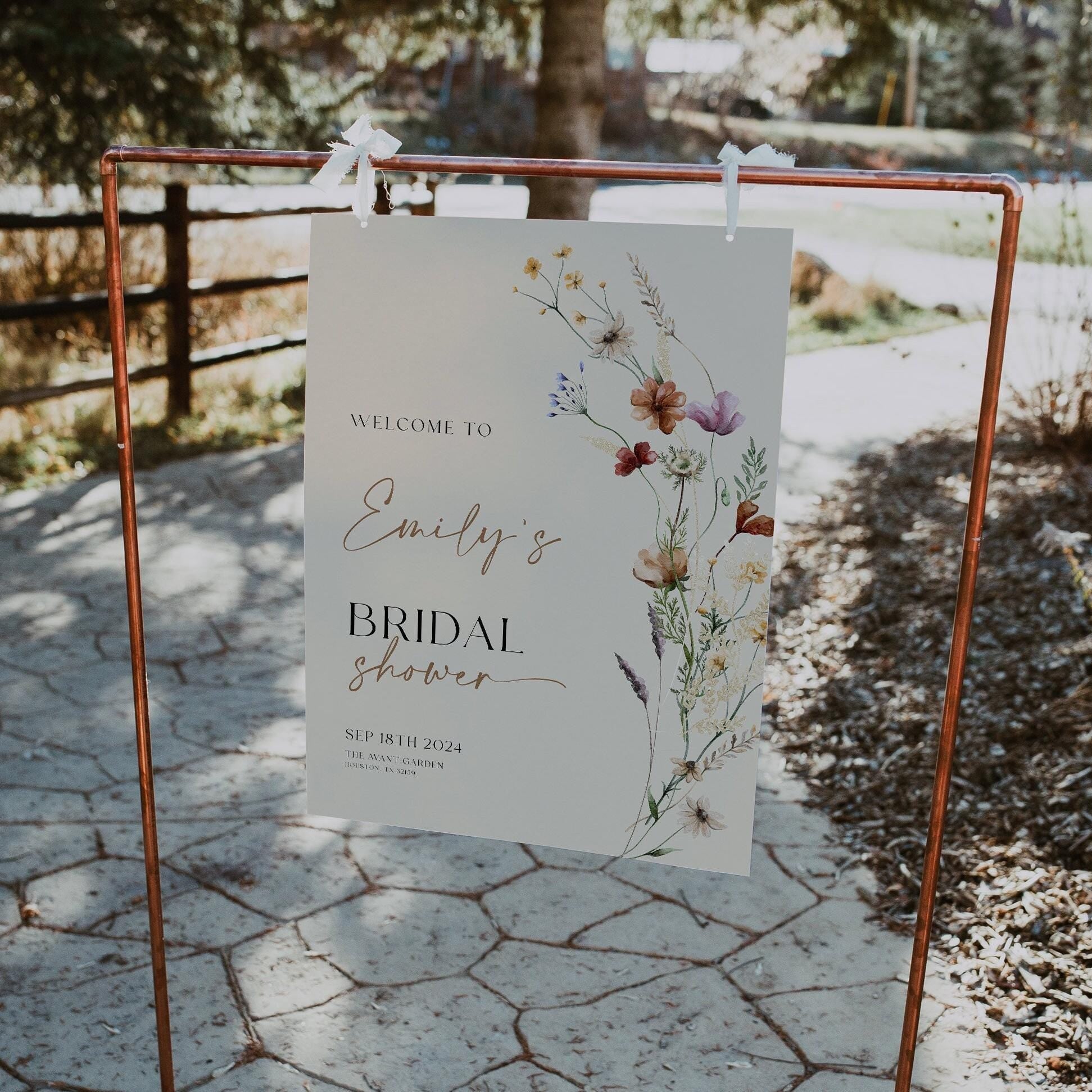 Bridal Shower Welcome Sign | Beige Sign with watercolor Wildflower Flowers - LovelyTemplatesCo