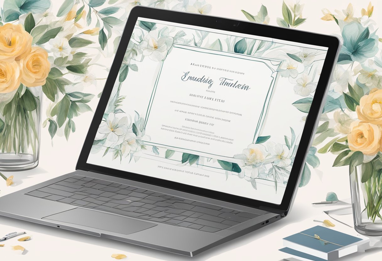 A laptop open to Templett.com, with a wedding invitation template on the screen. A stylus hovers over the screen, customizing the design