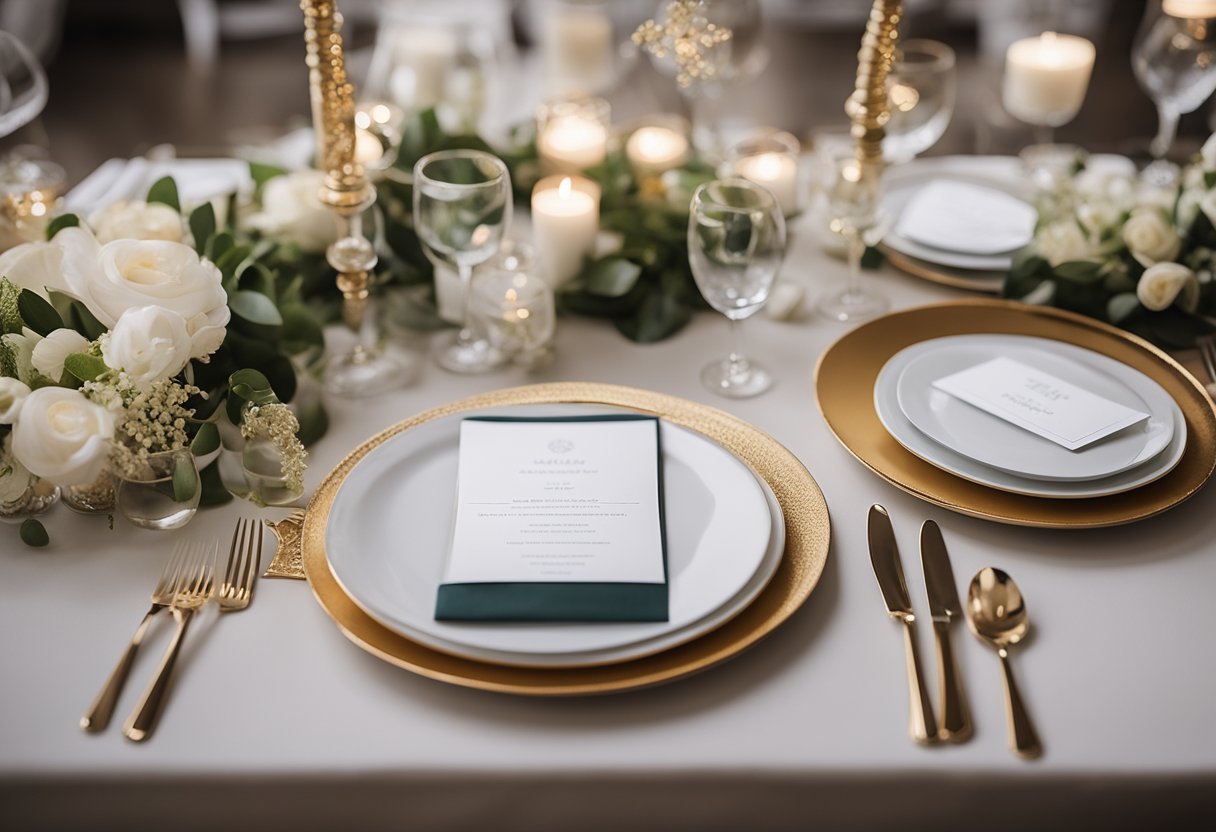 A table set with elegant wedding stationery, including invitations, menus, and place cards, arranged in a cohesive and stylish display