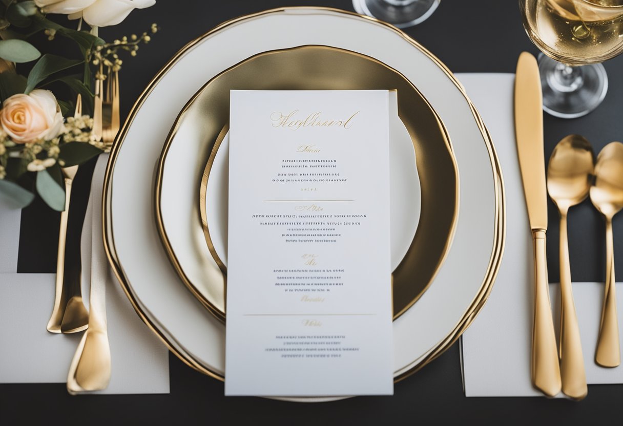 A table adorned with wedding stationery: invitations, menus, place cards, and more, arranged in an elegant display
