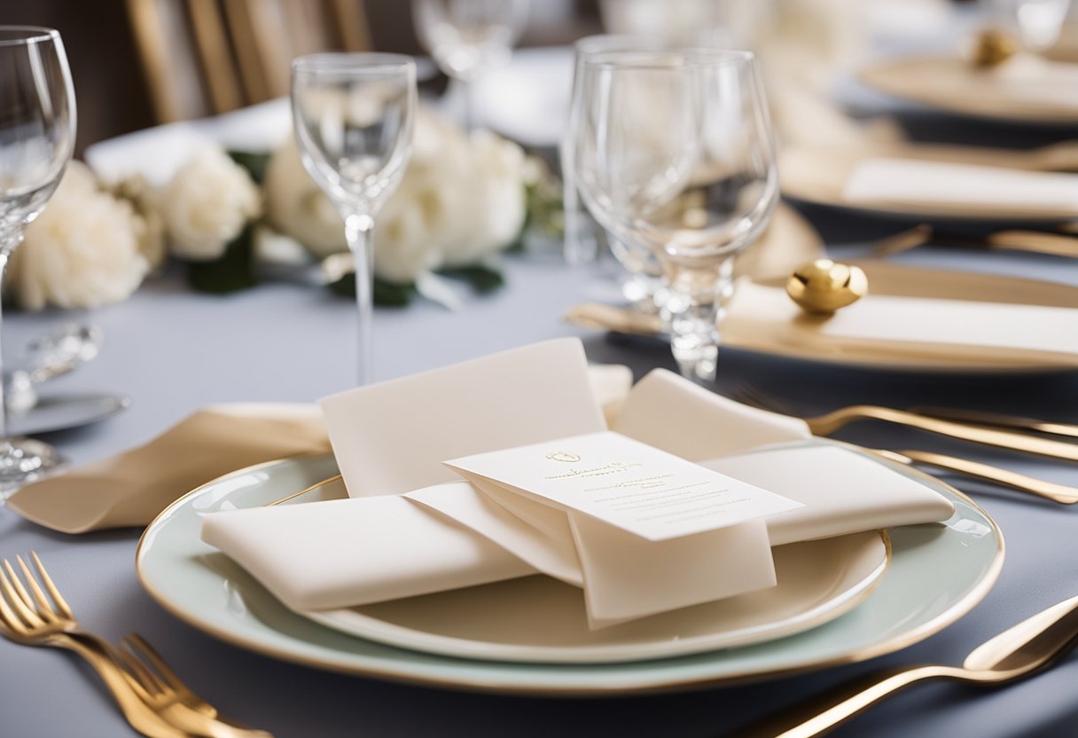 A table adorned with elegant wedding stationery: invitations, menus, and place cards arranged in a beautiful display
