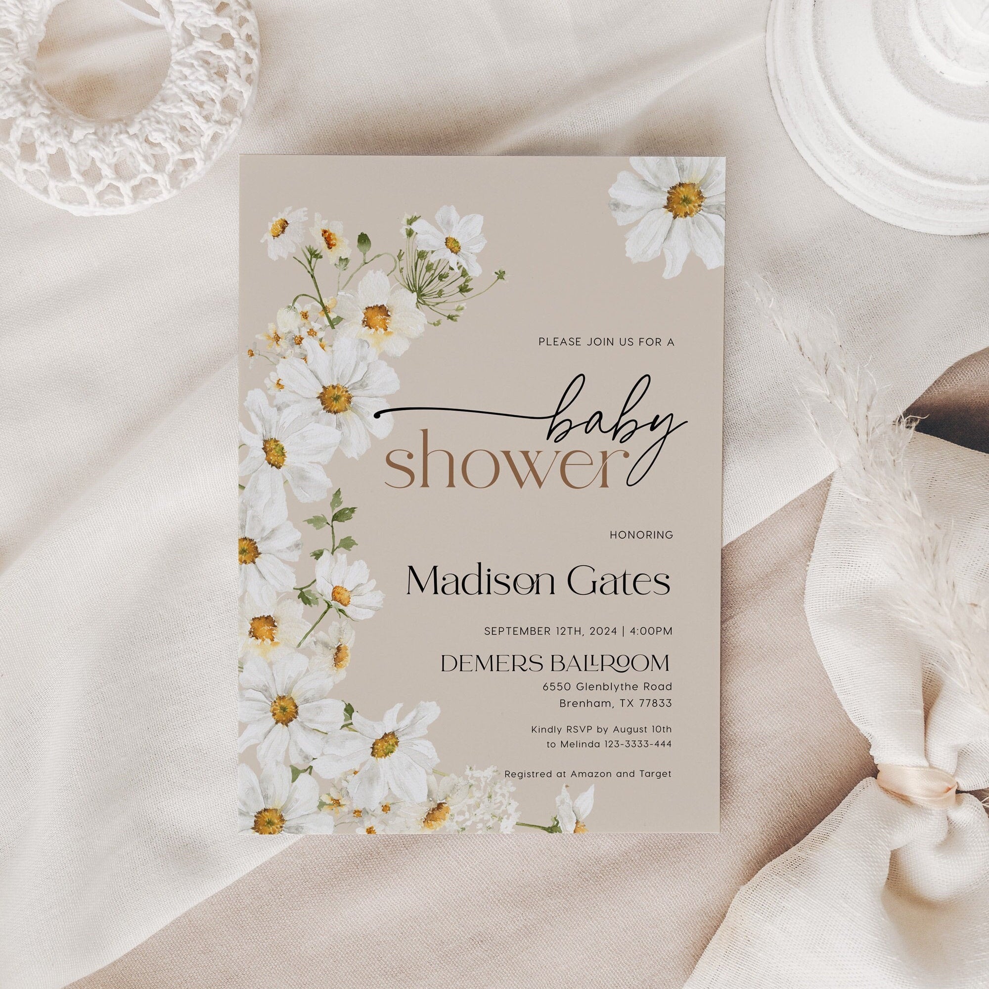 Daisy Floral Invitation, Beige Baby Shower Invitation - LovelyTemplatesCo