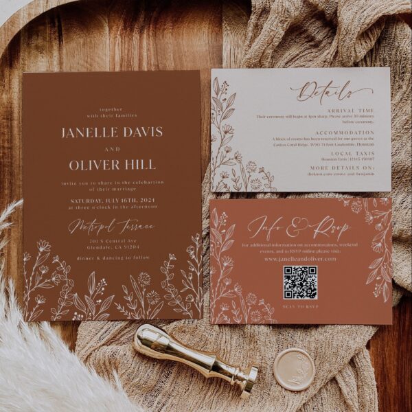 Earthy Wedding Invitations, Terracotta wedding invitation set - LovelyTemplatesCo