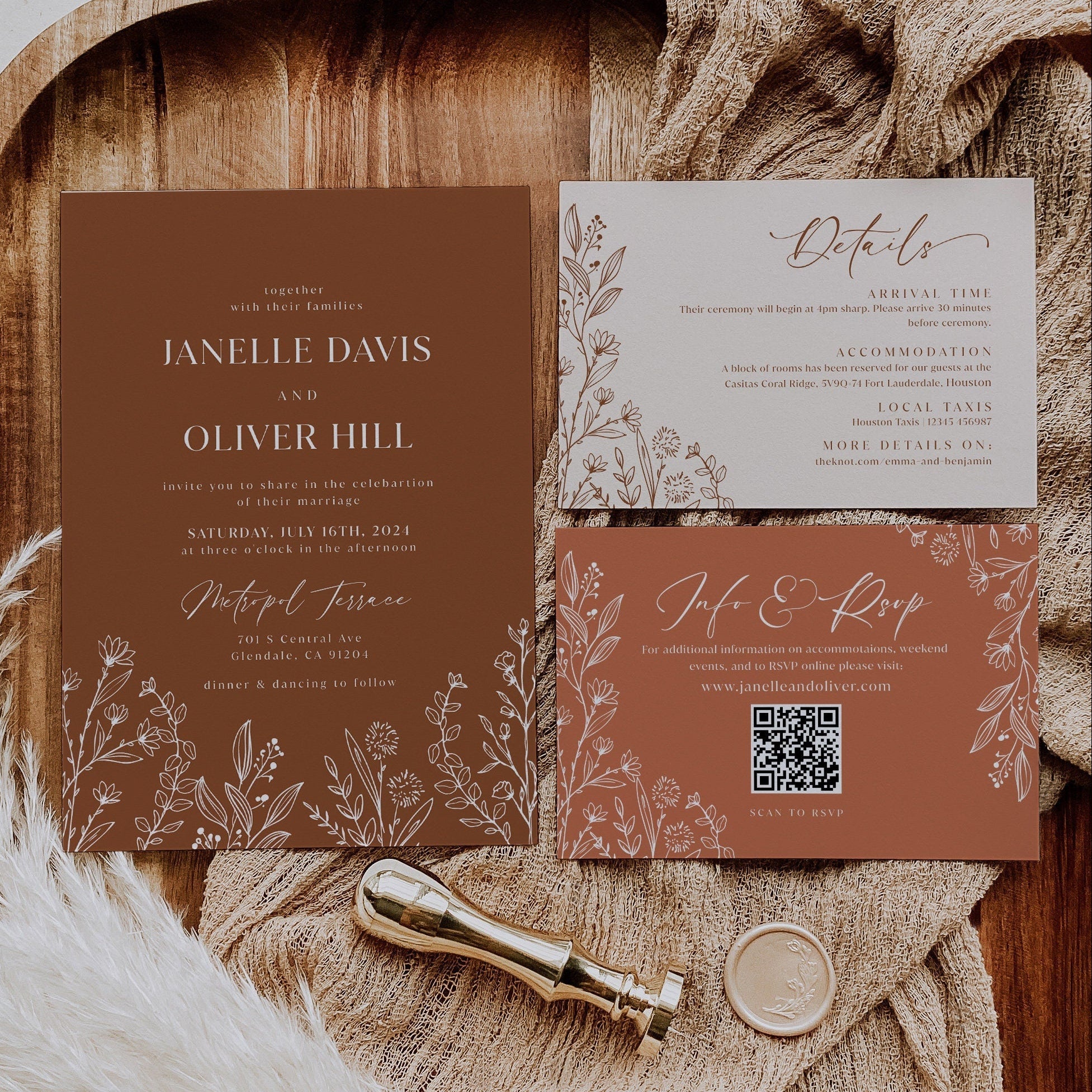 Earthy Wedding Invitations, Terracotta wedding invitation set - LovelyTemplatesCo