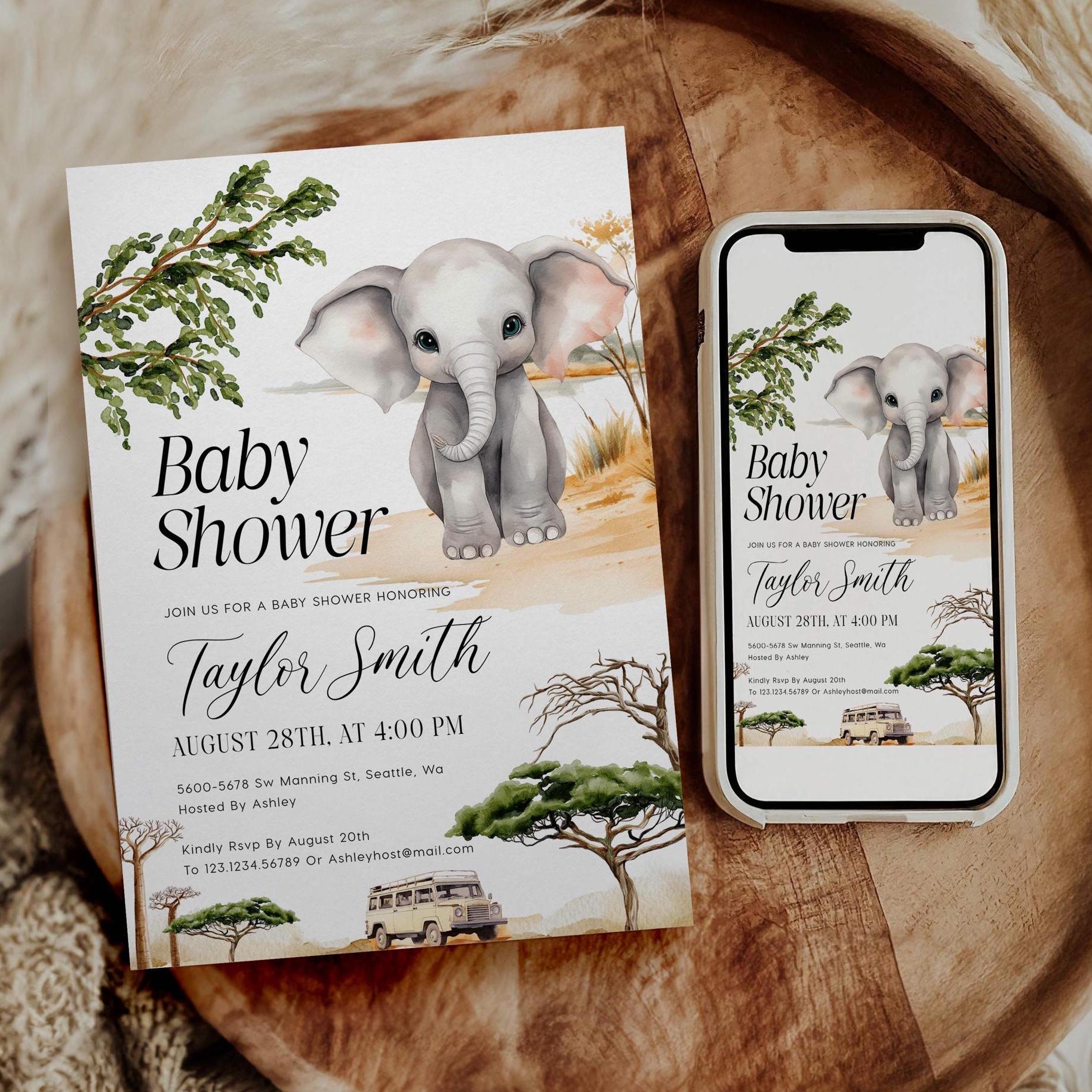 Elephant Baby Shower Invitation | Safari Baby Shower Invitations - LovelyTemplatesCo
