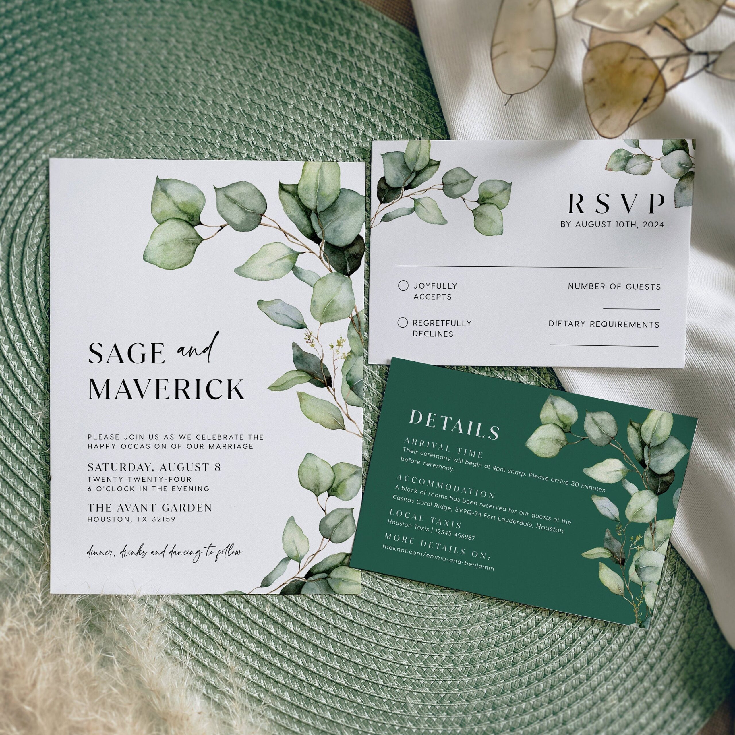 Eucalyptus floral wedding invitation set - LovelyTemplatesCo