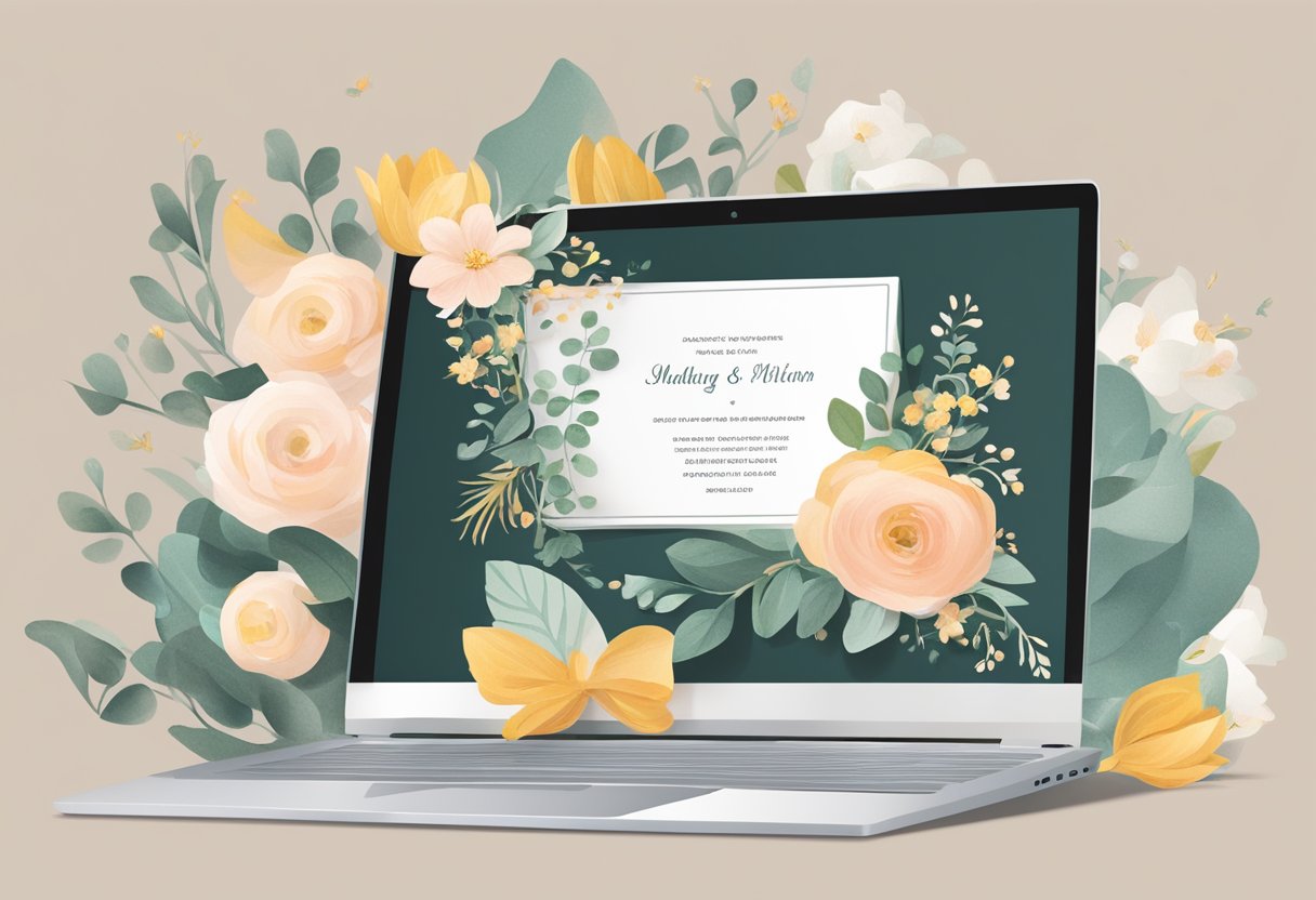 A laptop open to Templett.com with a wedding invitation template displayed. Mouse hovering over customizable elements