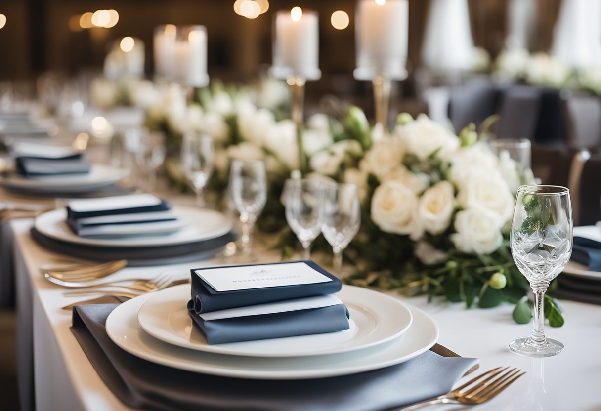 A table set with elegant wedding stationery, including invitations, menus, place cards, and programs, arranged in a cohesive and visually appealing display