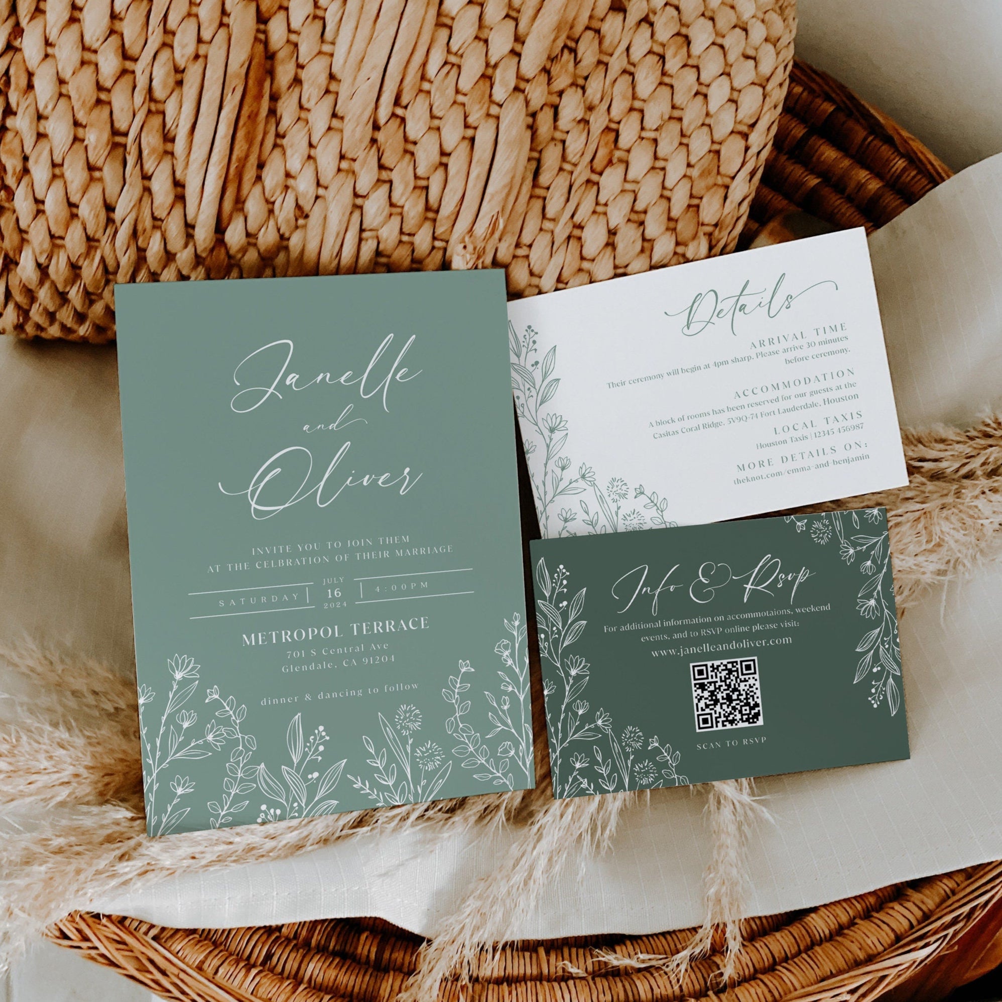 Floral Sage Green Wedding Invitation, Boho sage wedding invitation set - LovelyTemplatesCo